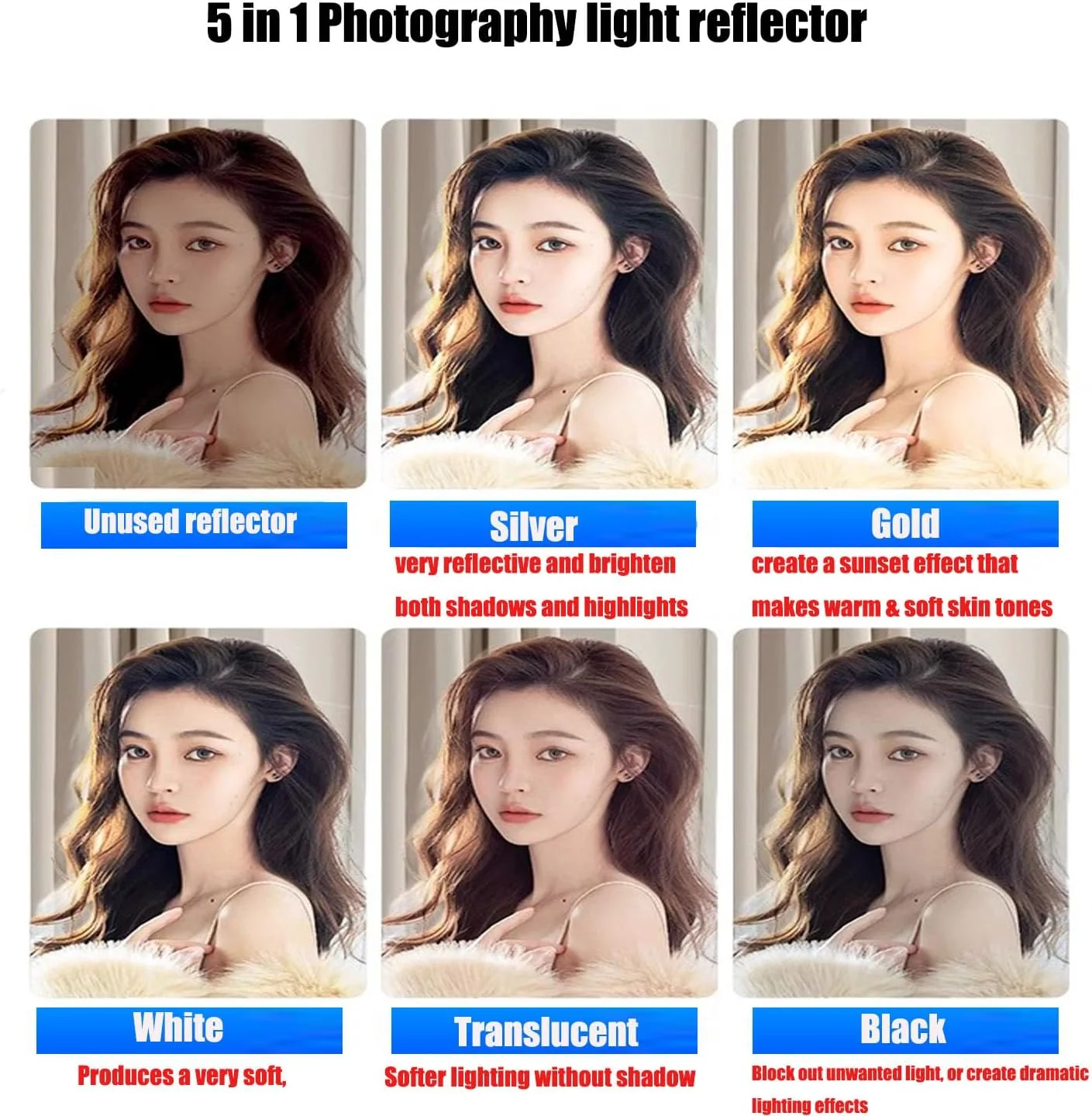 بازتابنده نور عکاسی تاشو 5 در 1، 80x120 سانتی متر، پخش کننده چند دیسکی بیضی شکل با کیف حمل - طلایی، نقره ای، مشکی، سفید، شفاف برای نورپردازی استودیویی در فضای باز (80x120 سانتی متر)