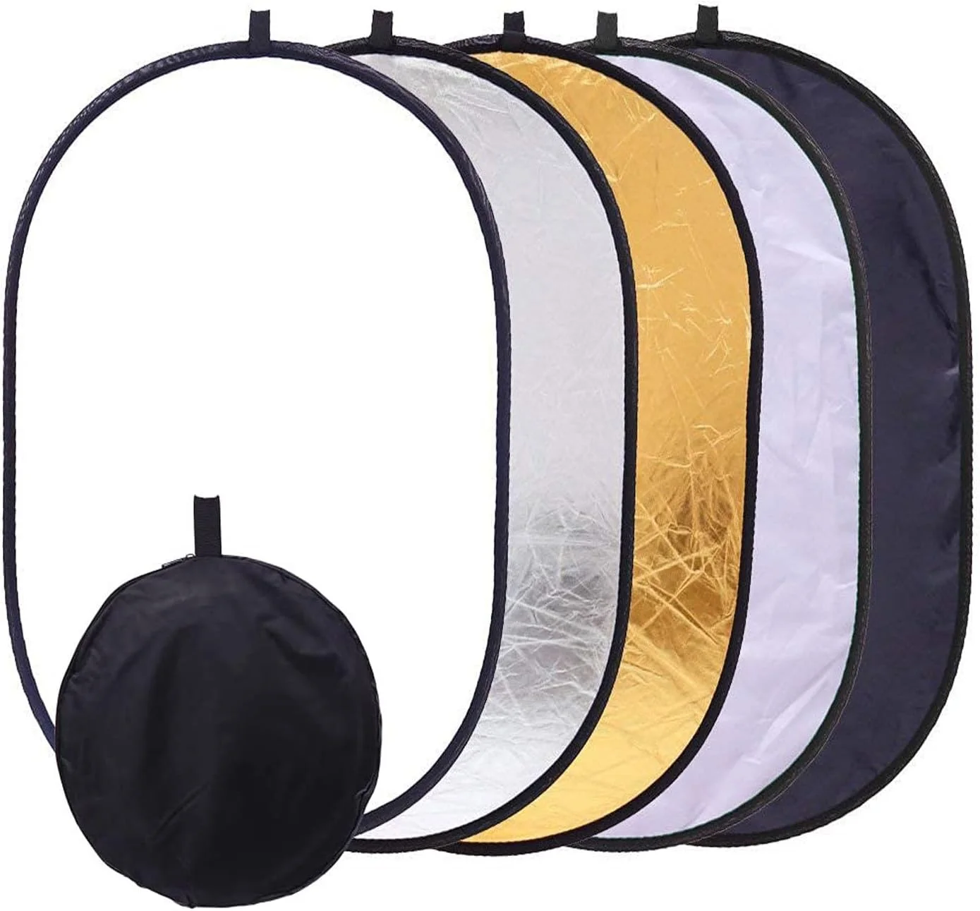 بازتابنده نور عکاسی تاشو 5 در 1، 80x120 سانتی متر، پخش کننده چند دیسکی بیضی شکل با کیف حمل - طلایی، نقره ای، مشکی، سفید، شفاف برای نورپردازی استودیویی در فضای باز (80x120 سانتی متر)