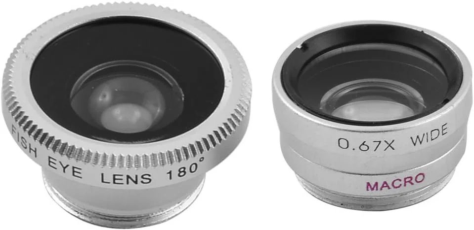 کیت لنز دوربین موبایل 3 در 1 شامل لنز چشم ماهی، زاویه باز 0.67X و ماکرو، رنگ نقره ای