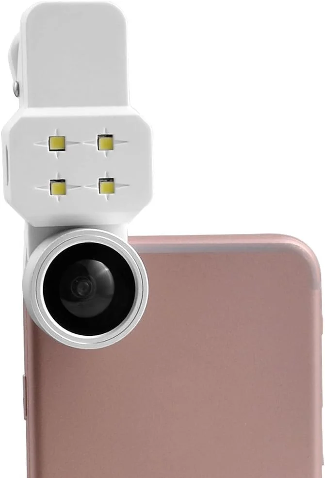 کیت لنز موبایل 4 در 1 شامل لنز فیش آی 198 درجه، واید انگل 0.4x و نور پرکننده - سفید