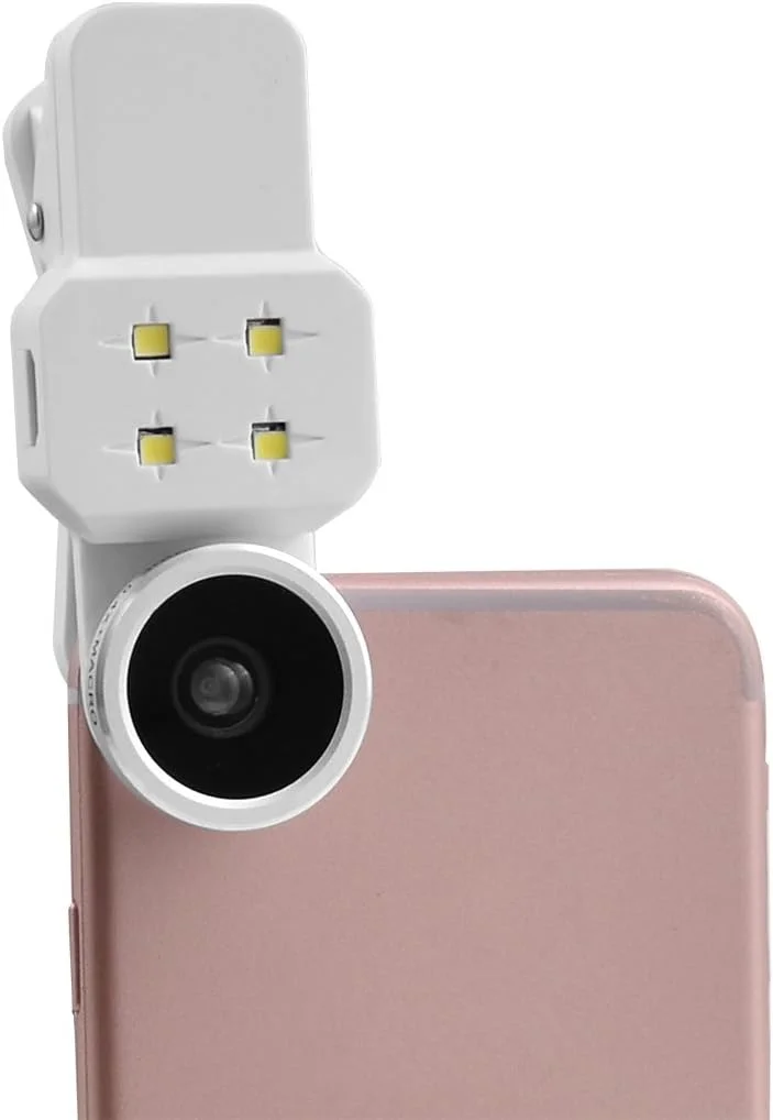 کیت لنز موبایل 4 در 1 شامل لنز فیش آی 198 درجه، واید انگل 0.4x و نور پرکننده - سفید