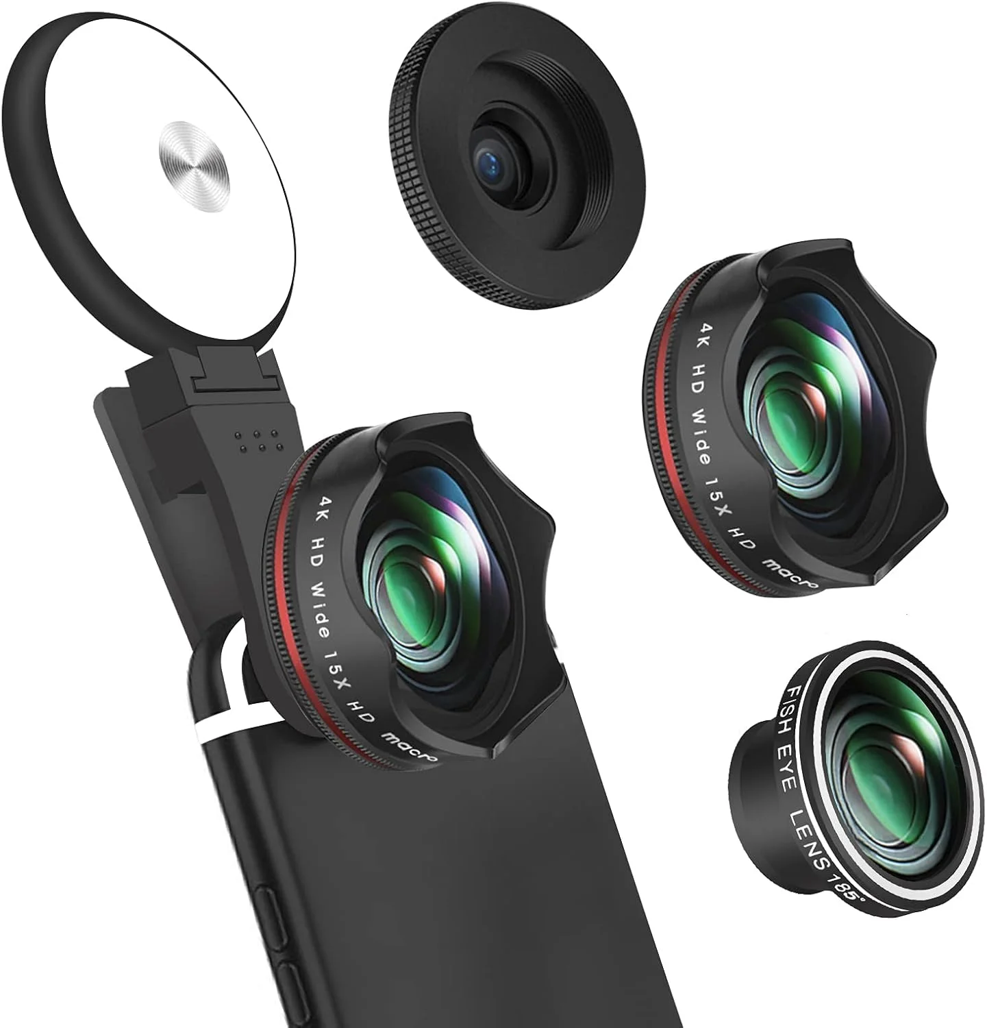 حلقه نور سلفی با لنز دوربین موبایل، فلاش LED 360 درجه + لنز زاویه باز 4K HD + لنز چشم ماهی 180 درجه + لنز ماکرو 15X، برای تلفن، آیپد، سامسونگ گلکسی، تبلت تلفن های عکاسی، لپ تاپ (مشکی)