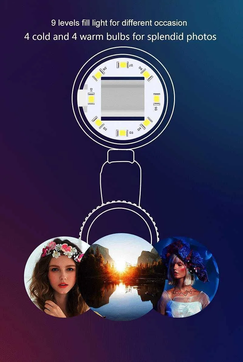 فلاش سلفی LED مدل RK19 با 9 سطح تنظیم نور و لنزهای فیش آی، واید انگل و ماکرو