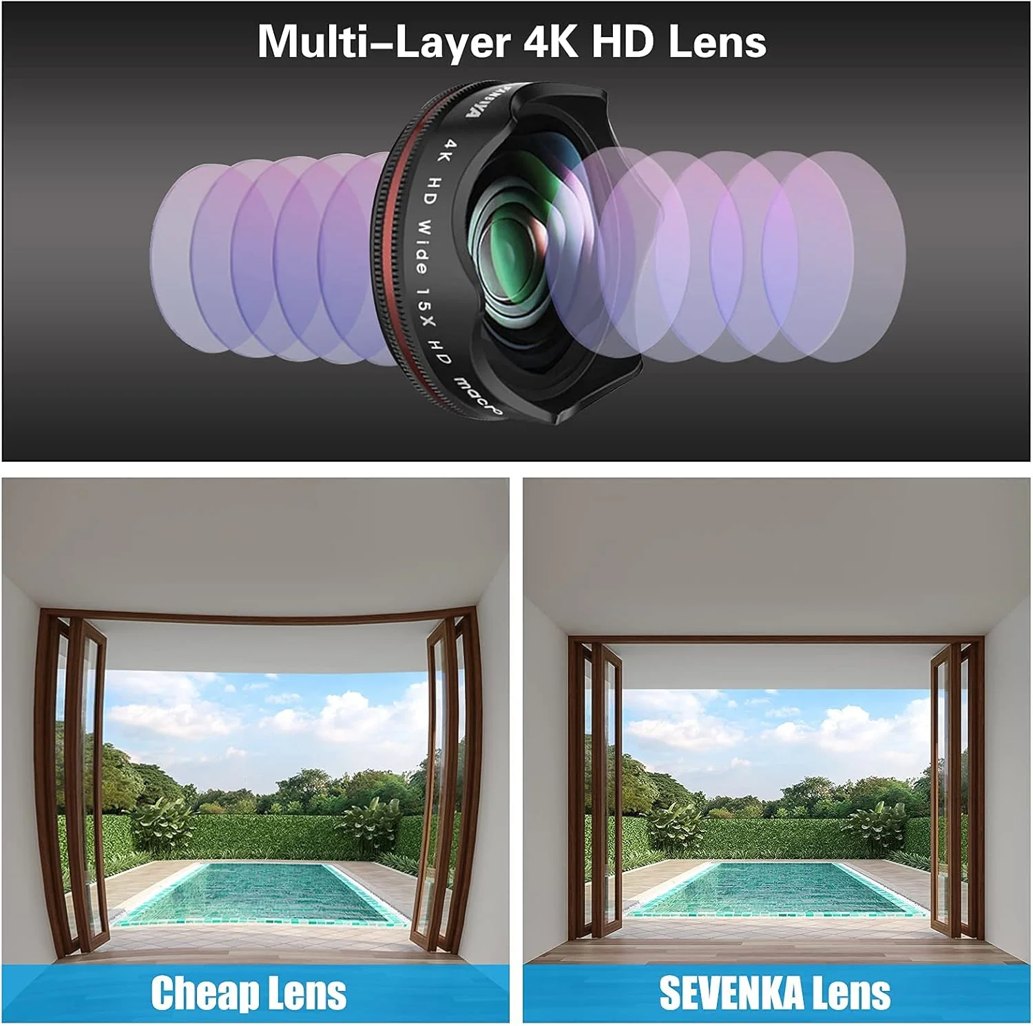 حلقه نور سلفی با لنز دوربین موبایل، فلاش LED 360 درجه + لنز زاویه باز 4K HD + لنز چشم ماهی 180 درجه + لنز ماکرو 15X، برای تلفن، آیپد، سامسونگ گلکسی، تبلت تلفن های عکاسی، لپ تاپ (مشکی)