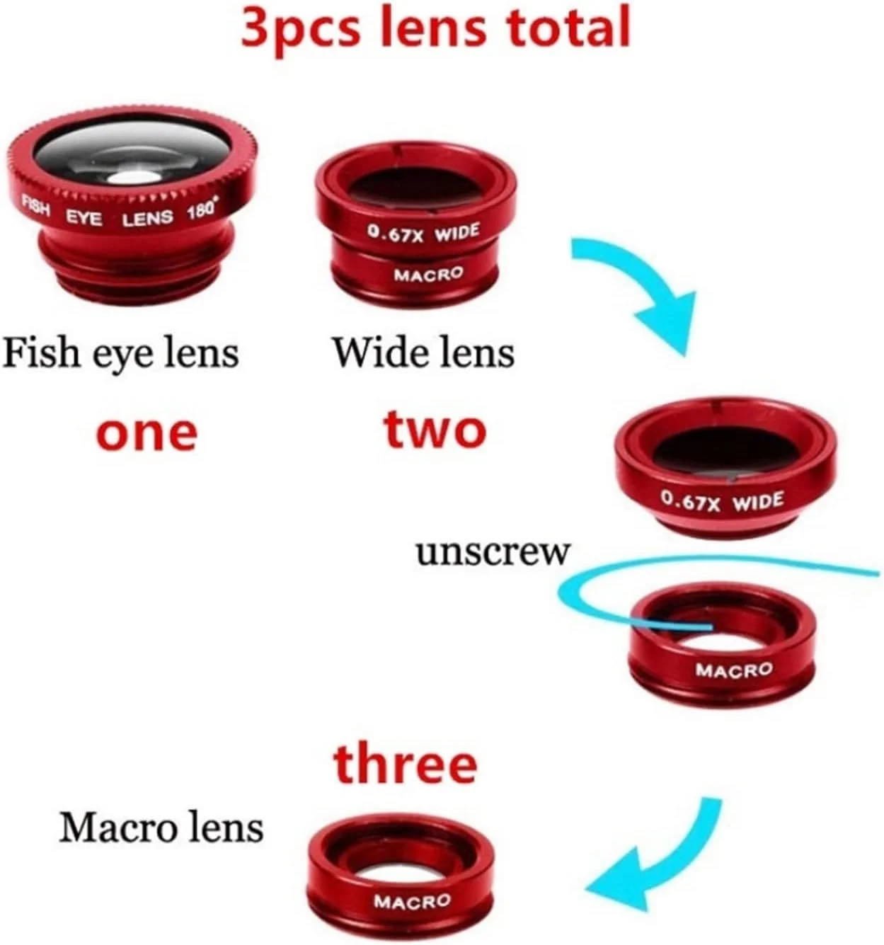 کیت لنز دوربین موبایل SKEIDO 3 در 1 شامل لنزهای واید انگل، ماکرو و فیش آی با گیره 0.67x مناسب برای آیفون، سامسونگ و سایر تلفن های همراه