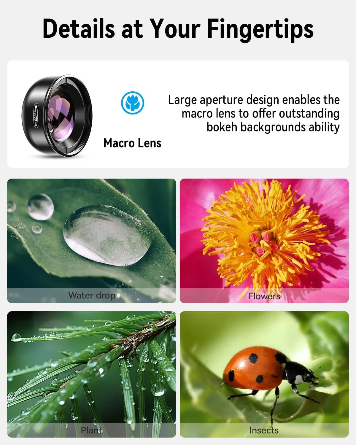 لنز ماکرو 100 میلیمتری برای تلفن همراه، کیت لنز ماکرو 10 برابر برای تلفن هوشمند با گیره یونیورسال، اتصال لنز ماکرو دوربین تلفن برای تلفن های همراه و اکثر تلفن های هوشمند اندروید، دیافراگم F1.8 لنز ماکرو 100 میلیمتری برای تلفن همراه، کیت لنز ماکرو 10 برابر برای تلفن هوشمند با گیره یونیورسال، اتصال لنز ماکرو دوربین تلفن برای تلفن های همراه و اکثر تلفن های هوشمند اندروید، دیافراگم F1.8
