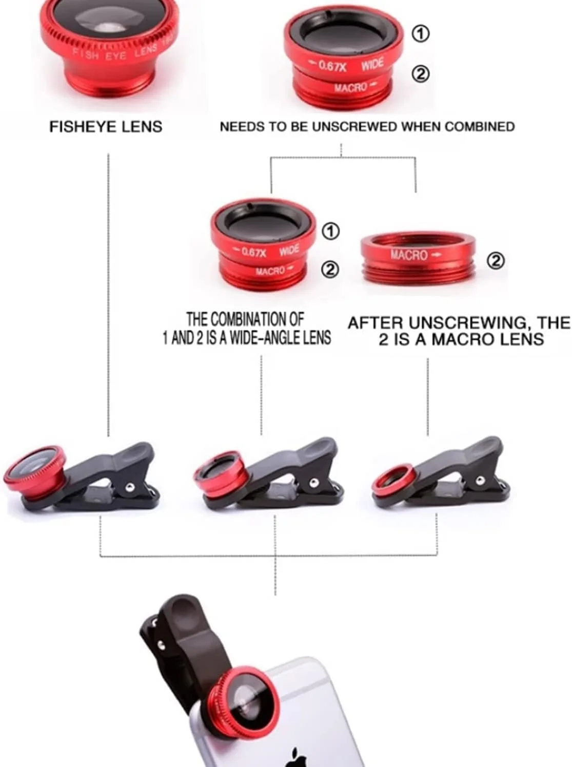 کیت لنز دوربین موبایل SKEIDO 3 در 1 شامل لنزهای واید انگل، ماکرو و فیش آی با گیره 0.67x مناسب برای آیفون، سامسونگ و سایر تلفن های همراه