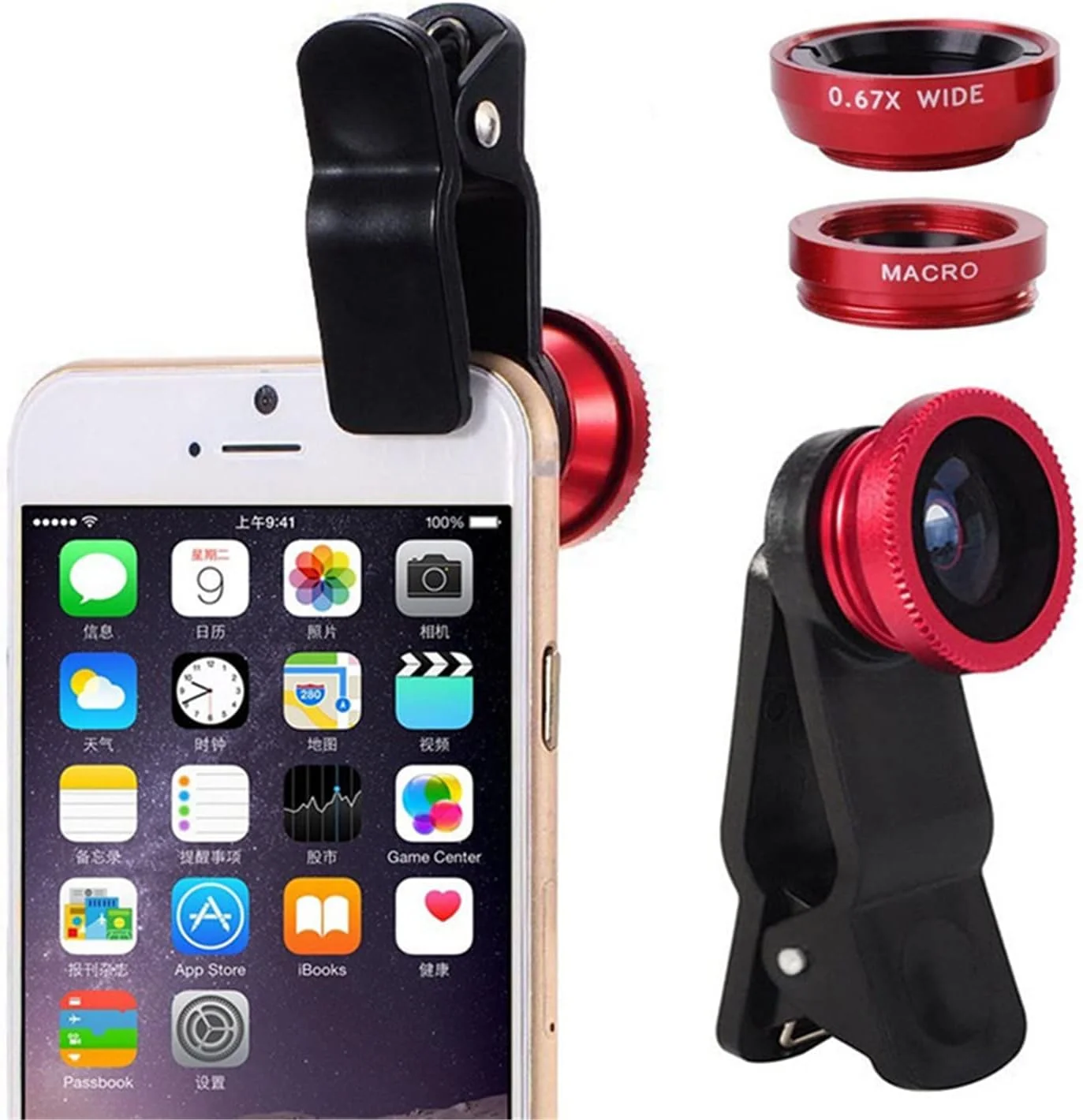 لنز چشم ماهی سه در یک SKEIDO، لنزهای ماکرو چشم ماهی زوم زاویه باز 0.67X، کیت دوربین با لنز گیره ای روی گوشی برای تلفن هوشمند (قرمز)