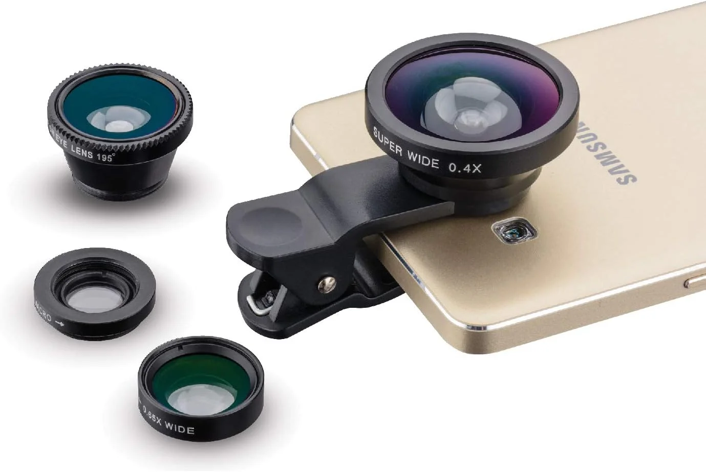 ست لنز 4 در 1 شامل لنزهای ماکرو، واید، سوپر واید و فیش آی کلیپسی برای تلفن
