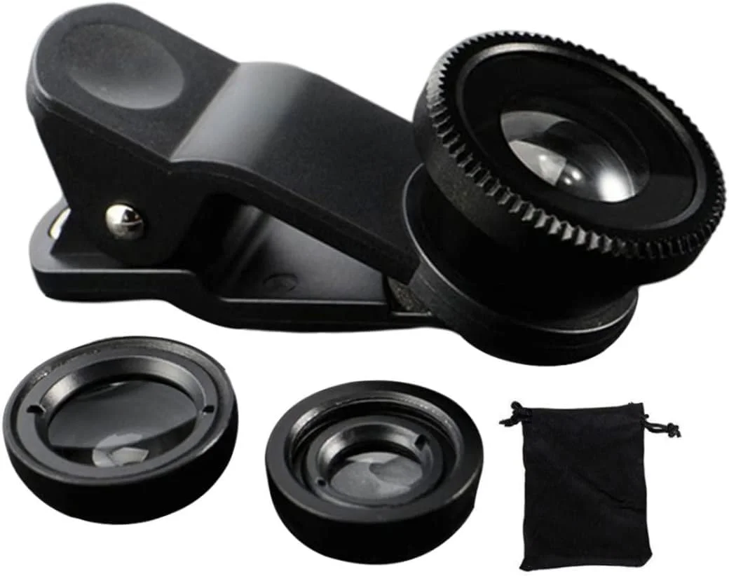 لنز زوم تلسکوپی، لنز چشم ماهی تلفن 3 در 1 لنزهای ماکرو چشم ماهی زاویه باز گیره ای لنز جهانی مشکی