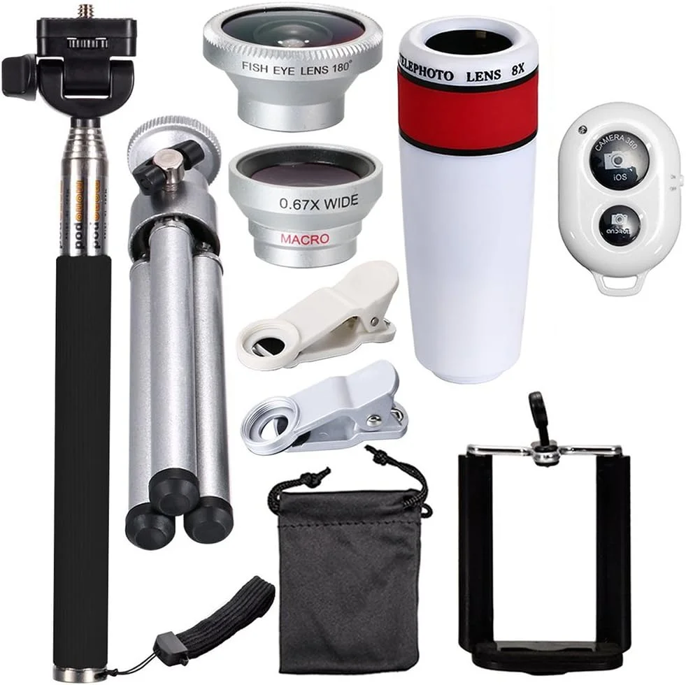 ست لنز موبایل تله فوتو 8X شامل 10 قطعه، لنز کلیپسی جداشدنی یونیورسال، لنز واید انگل + لنز چشم ماهی + لنز ماکرو + مونوپاد سلفی + سه پایه