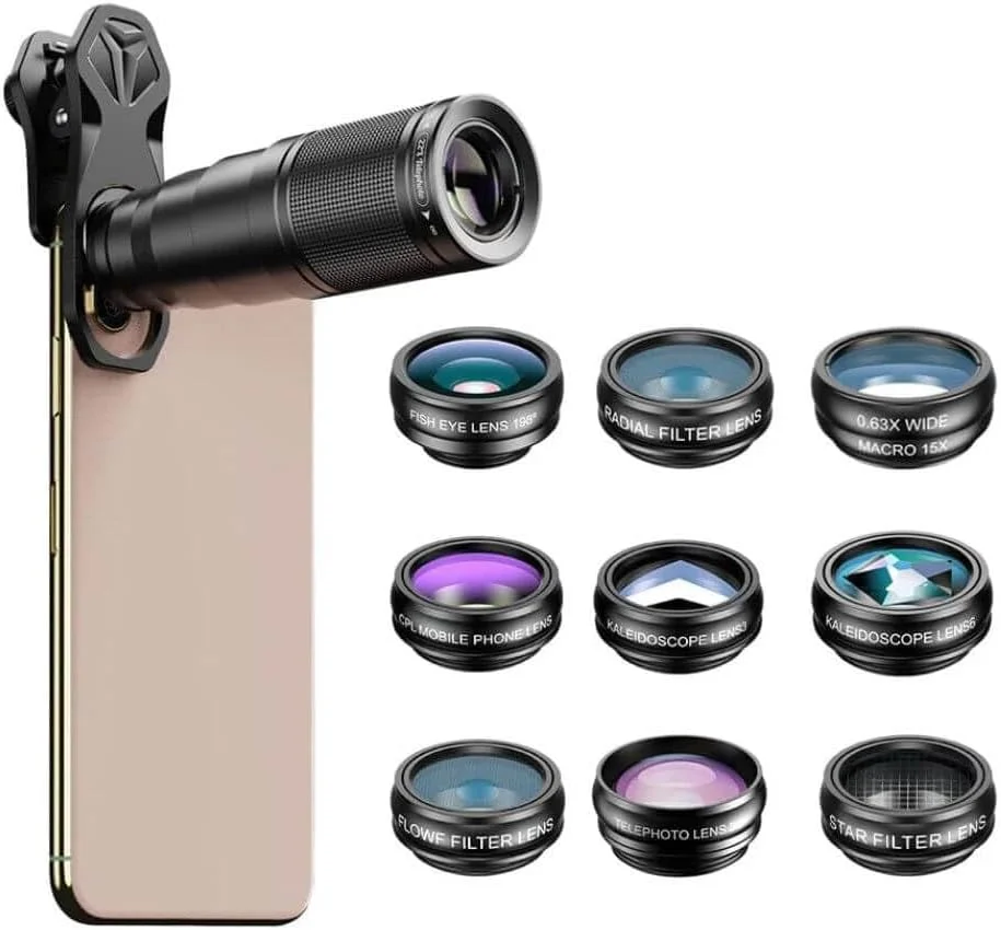 کیت لنز تله فوتو 22X گوشی هوشمند به همراه لنزهای کالیدوسکوپ و لوازم جانبی عکاسی