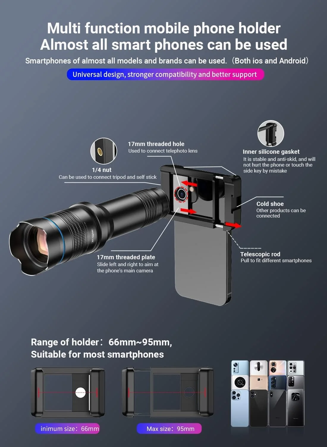 لنز تله فوتو 36X، لنز تلفن HD با قدرت بالا به همراه سه پایه و گیره تلفن، سازگار با آیفون و تلفن های اندرویدی لنز تله فوتو 36X، لنز تلفن HD با قدرت بالا به همراه سه پایه و گیره تلفن، سازگار با آیفون و تلفن های اندرویدی