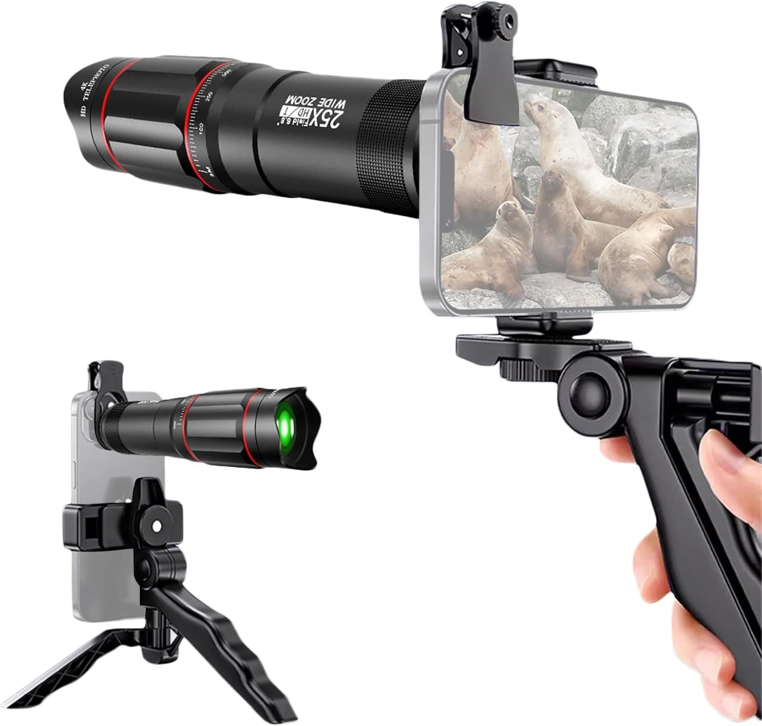 کیت لنز موبایل TERRIFI، لنز تله فوتو 25 برابر با گیره تلفن و سه پایه برای پیاده روی، کمپینگ، تماشای حیوانات، ماه، ورزش، بازی و کنسرت