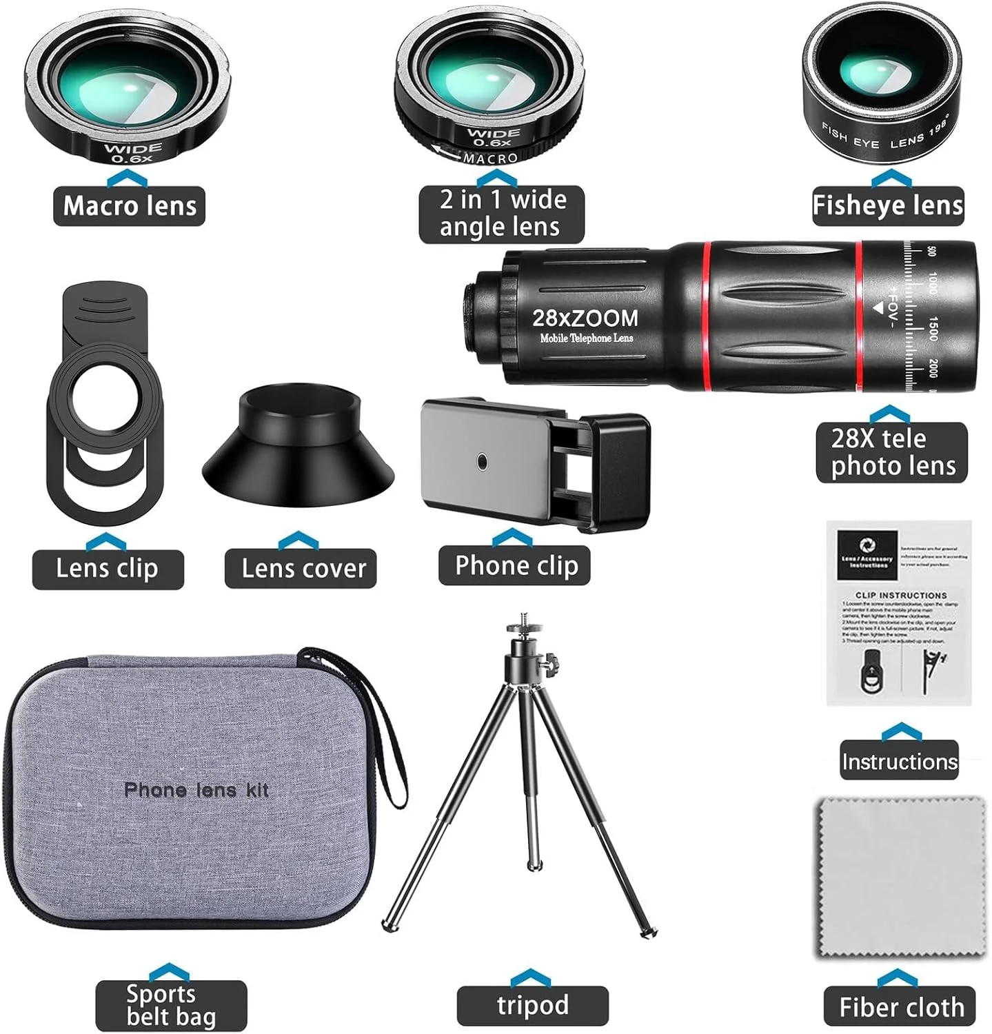 کیت لنز دوربین گوشی ارتقا یافته، تله فوتو 28X، زاویه دید عریض 0.6X، ماکرو 20X، چشم ماهی 198 درجه، سازگار با اکثر گوشی های هوشمند کیت لنز دوربین گوشی ارتقا یافته، تله فوتو 28X، زاویه دید عریض 0.6X، ماکرو 20X، چشم ماهی 198 درجه، سازگار با اکثر گوشی های هوشمند