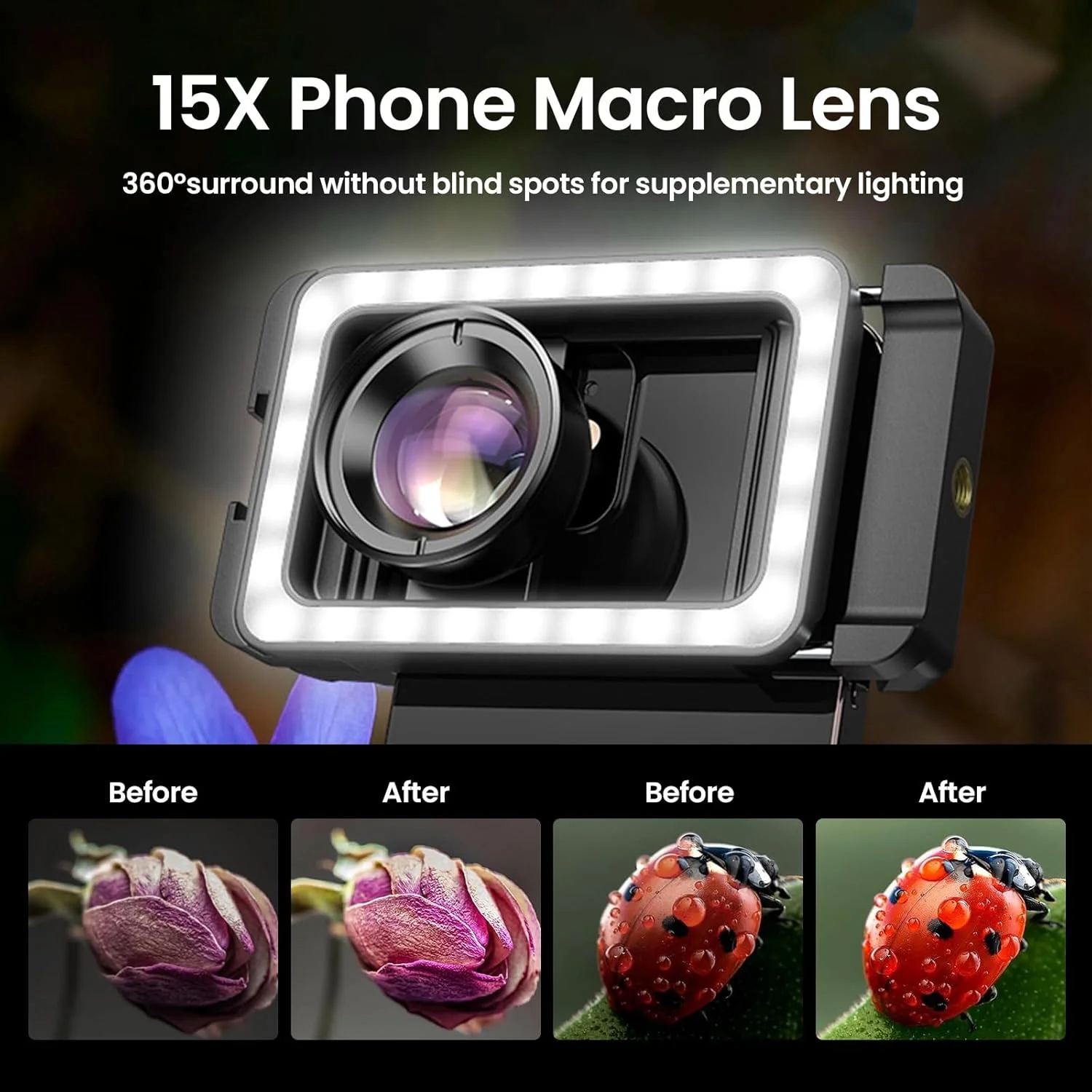 لنز ماکرو تلفن 15X با نور پرکننده LED، لنز ماکرو 15X + آداپتور لنز رزوه ای 17 میلی متری برای آیفون 15/15Pro/15Pro Max، سامسونگ، اندروید (مناسب برای تقریباً همه تلفن ها) لنز ماکرو تلفن 15X با نور پرکننده LED، لنز ماکرو 15X + آداپتور لنز رزوه ای 17 میلی متری برای آیفون 15/15Pro/15Pro Max، سامسونگ، اندروید (مناسب برای تقریباً همه تلفن ها)