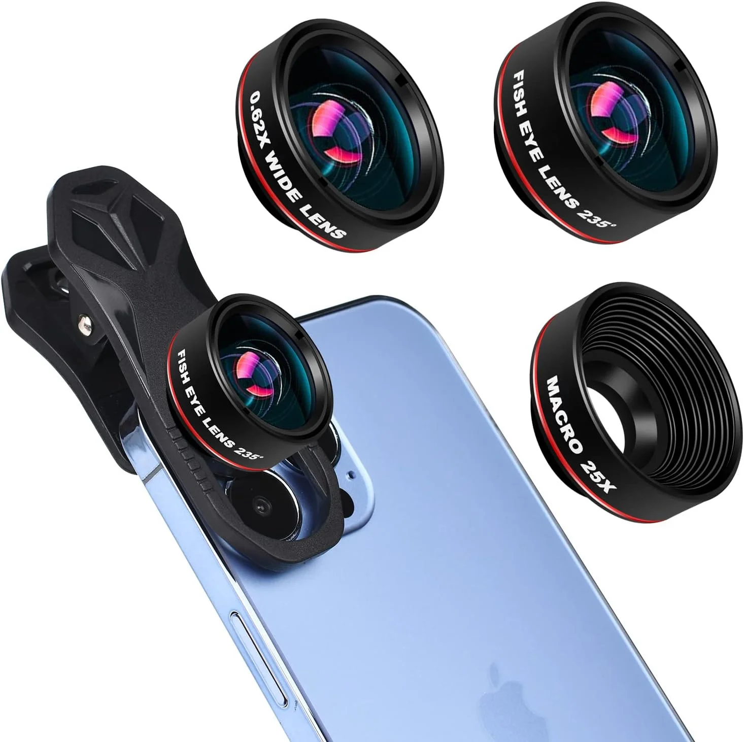 کیت لنز دوربین گوشی ULHYC 3 در 1، لنز چشم ماهی 235 درجه + لنز ماکرو 25X + لنز زاویه باز 0.62X برای تلفن هوشمند