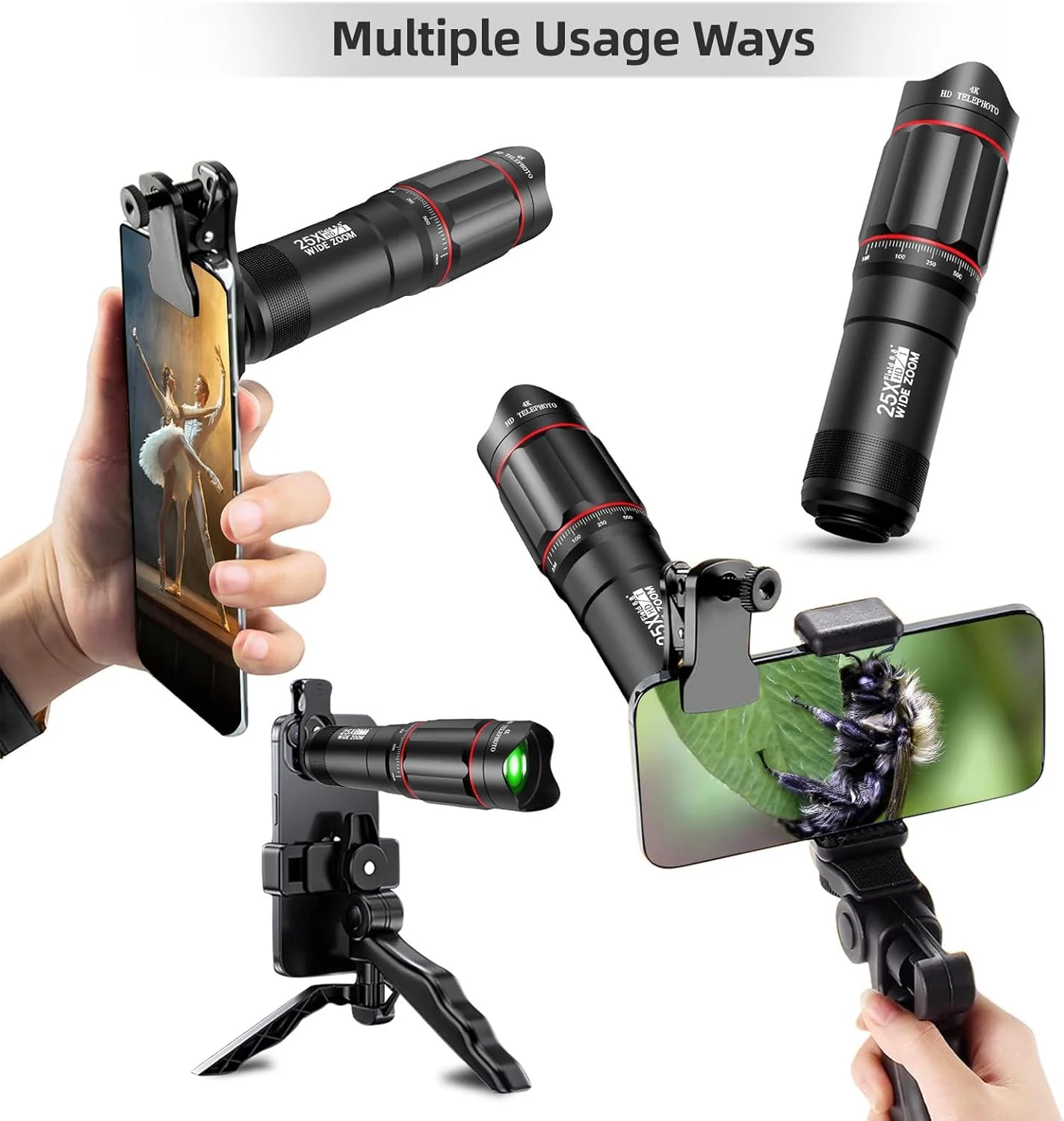کیت لنز موبایل TERRIFI، لنز تله فوتو 25 برابر با گیره تلفن و سه پایه برای پیاده روی، کمپینگ، تماشای حیوانات، ماه، ورزش، بازی و کنسرت کیت لنز موبایل TERRIFI، لنز تله فوتو 25 برابر با گیره تلفن و سه پایه برای پیاده روی، کمپینگ، تماشای حیوانات، ماه، ورزش، بازی و کنسرت