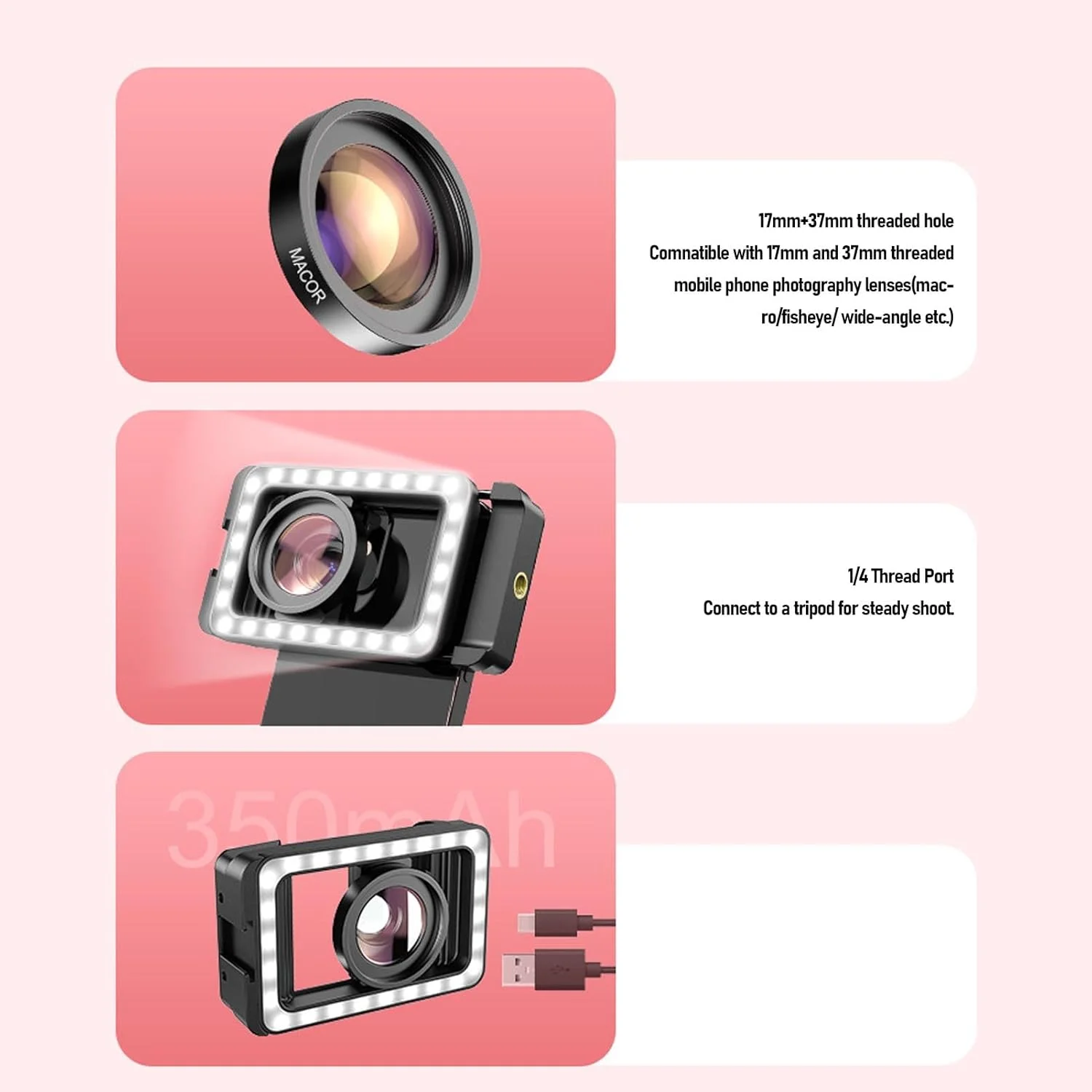 آداپتور لنز با رزوه 17 میلیمتر + 37 میلیمتر با نور پرکننده LED، آداپتور فیلتر لنز تلفن با رابط رزوه 1/4، مانت کفشک سرد، اتصالات لنز برای تلفن اندروید و آیاواس آداپتور لنز با رزوه 17 میلیمتر + 37 میلیمتر با نور پرکننده LED، آداپتور فیلتر لنز تلفن با رابط رزوه 1/4، مانت کفشک سرد، اتصالات لنز برای تلفن اندروید و آیاواس