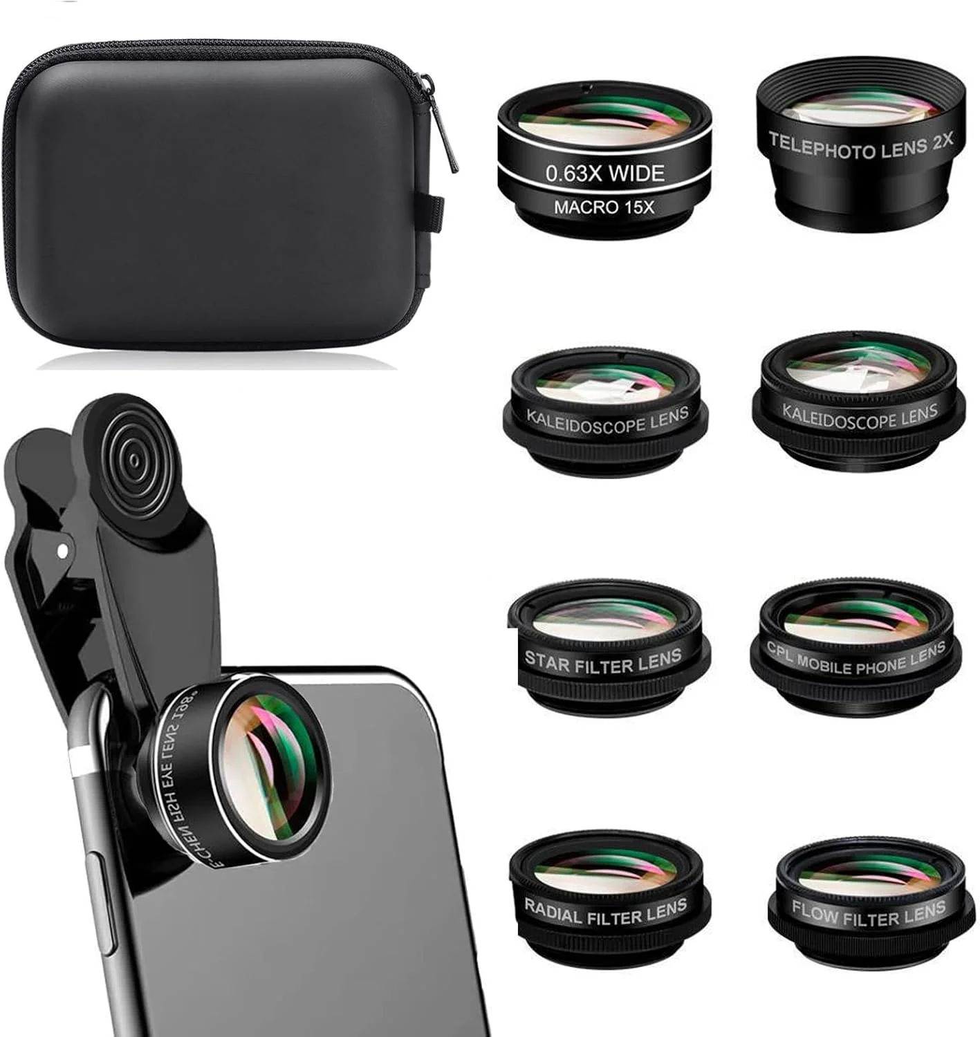 لنز دوربین موبایل یونیورسال 10 در 1، لنز فیش آی 198 درجه، زاویه دید عریض 0.63x، لنز ماکرو 15x، فیلترهای کالیدوسکوپ/استارلایت/فلو/CPL برای تلفن های هوشمند