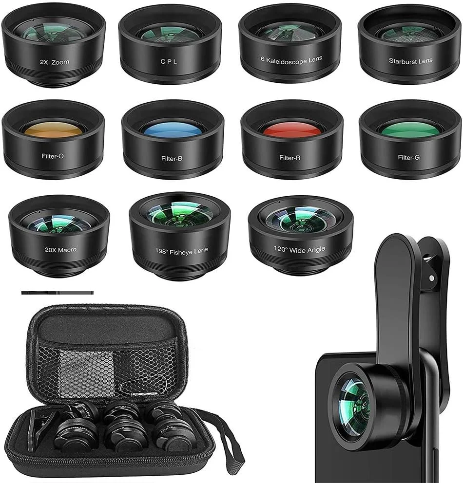 کیت لنز دوربین موبایل 11 در 1 کلیپسی، لنز جهانی گوشی هوشمند با لنز زاویه باز + لنز چشم ماهی + لنز ماکرو + لنز تله فوتو + CPL + لنز استاربورست + فیلترهای رنگی، برای آی او اس و اندروید