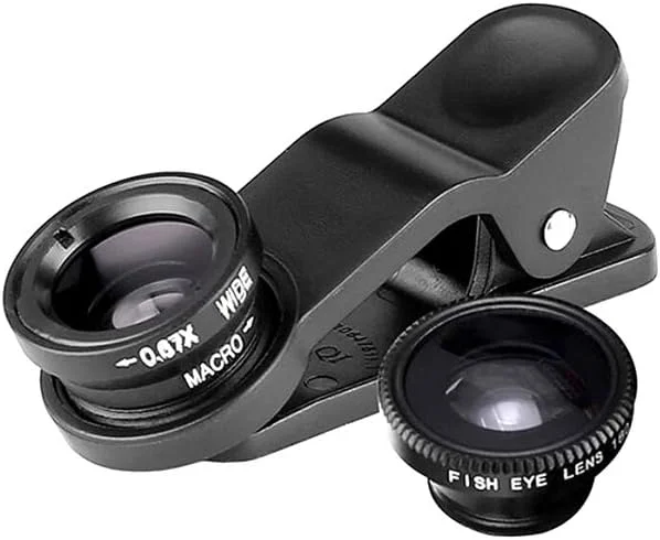 یک ست لنز دوربین گوشی موبایل یونیورسال 3 در 1، شامل لنز چشم ماهی 2 در 1، لنز ماکرو و واید انگل با گیره یونیورسال - مشکی