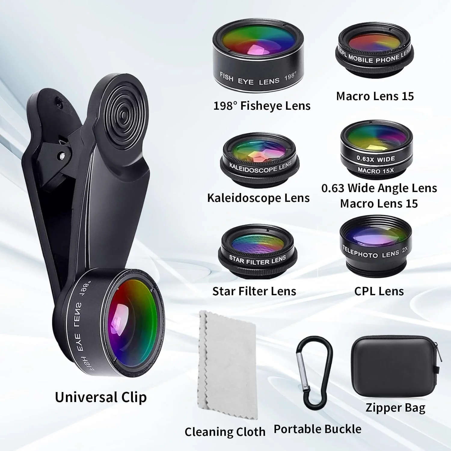 کیت لنز موبایل یونیورسال 7 در 1، شامل لنز فیش آی 198 درجه، لنز ماکرو 15X، لنز زاویه باز 0.63X CPL فیلتر ستاره ای با لوازم جانبی عکاسی برای تلفن هوشمند
