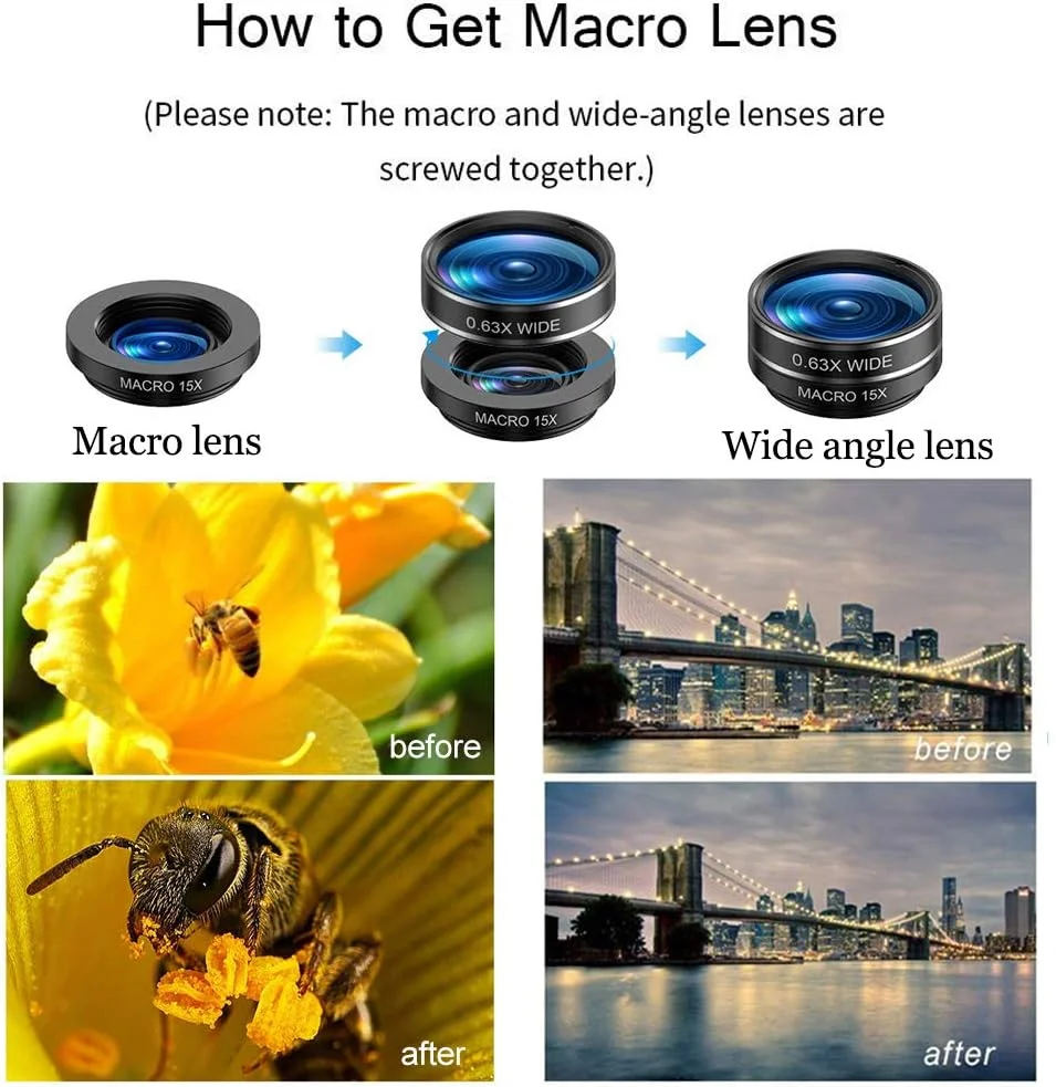 کیت لنز دوربین گوشی یونیورسال 15 در 1 شامل لنز تله فوتو 18X، لنز واید انگل، لنز ماکرو، لنز فیش آی، لنز کالیidoscope 3/6، فیلترهای CPL/Flow/Star/Radial، سه پایه، شاتر از راه دور برای اکثر گوشی های هوشمند