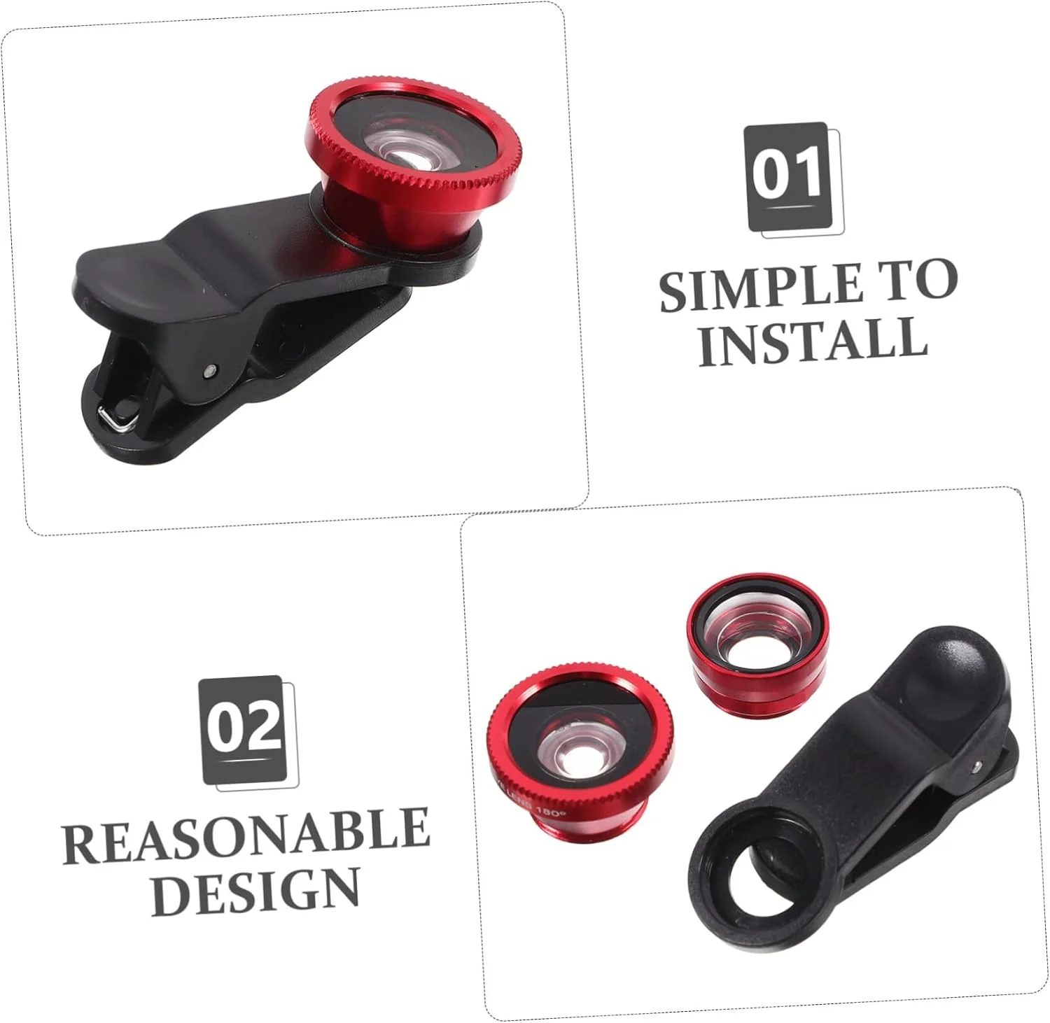 Uonlytech 2 مجموعه لنز دوربین تلفن همراه، لنز چشم ماهی زاویه باز با گیره برای تلفن همراه (لنز قرمز با گیره مشکی)