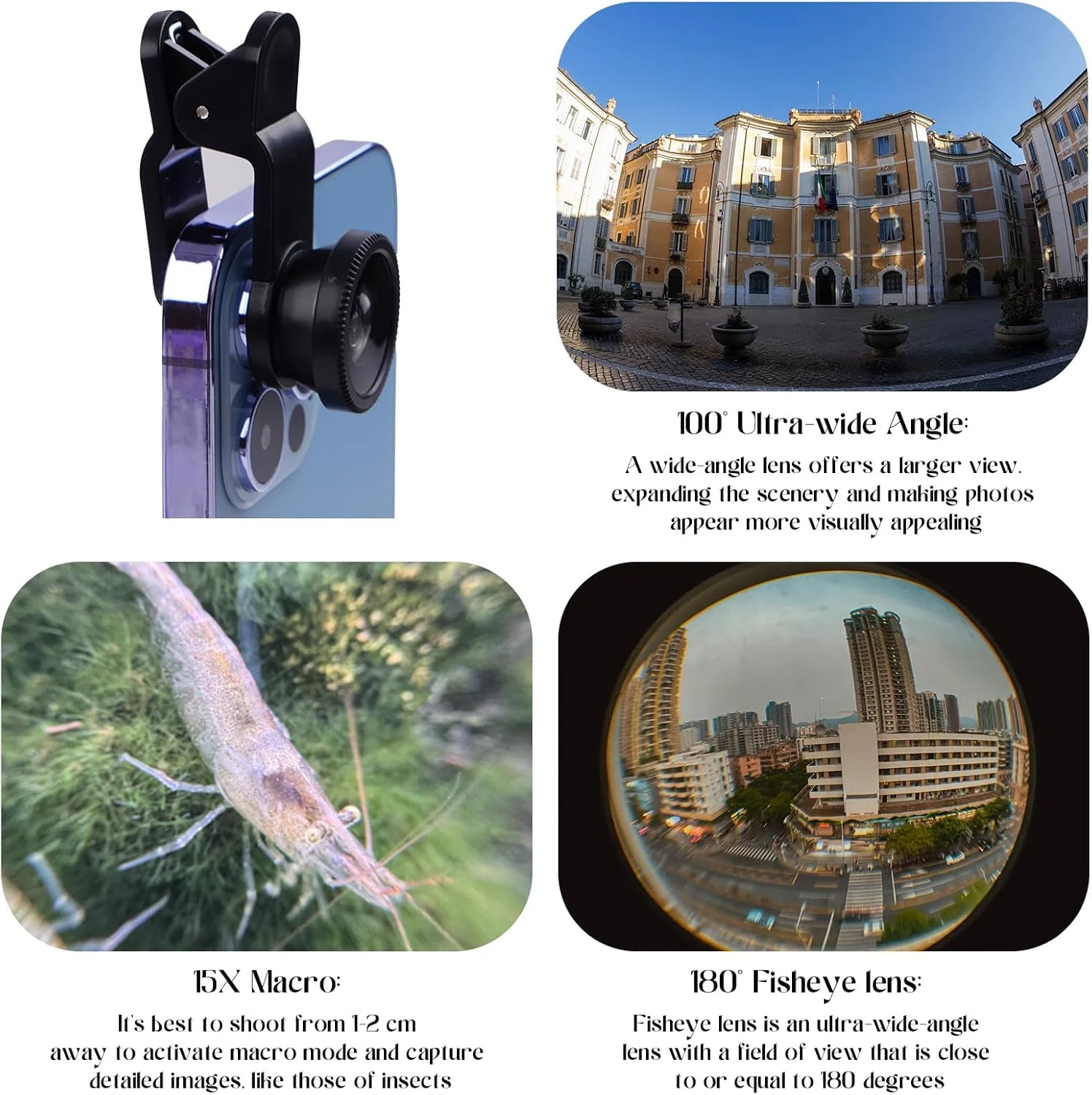 کیت لنز موبایل 3 در 1، لنز زاویه باز فوق العاده 100 درجه + ماکرو 15x + لنز چشم ماهی 180 درجه گیره ای برای آیفون سامسونگ اندروید