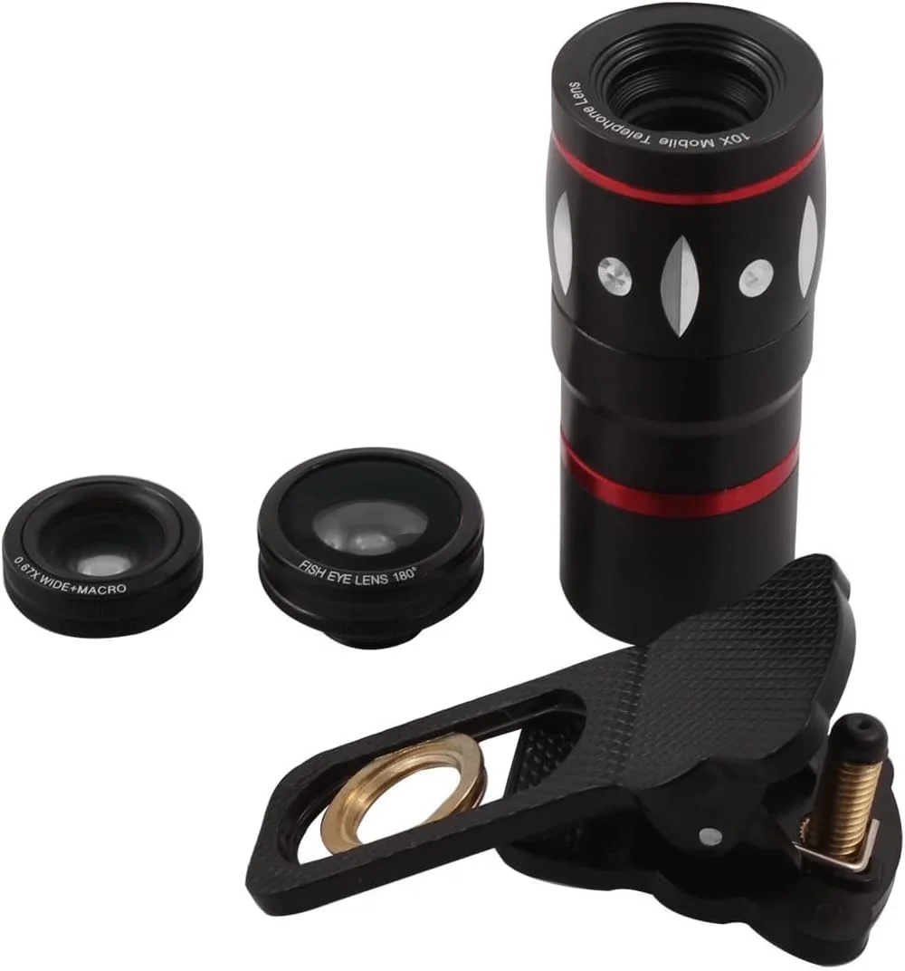 لنز موبایل 4 در 1 XYWHPGV شامل لنز تله فوتو 10x، لنز چشم ماهی 180 درجه، لنز واید انگل 0.67X و لنز ماکرو برای تلفن همراه (33607 a945b a0a74 549b7 05ebf 9abf0)