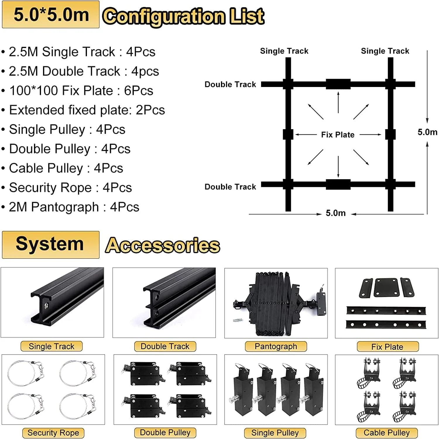 سیستم ریل سقفی پانتوگراف عکاسی استودیویی DATOU BOSS 197" x197" 5.0M، سیستم نورپردازی ریلی استودیویی، بازوی پانتوگراف استودیویی 43-200CM، سیستم ریل سقفی استودیویی عکاسی (5.0×5.0M-B)