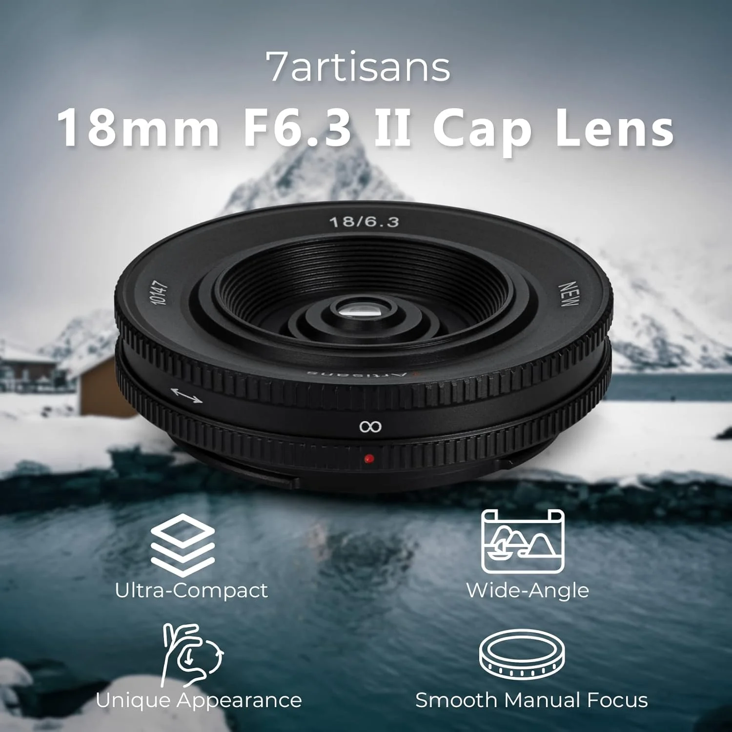 لنز پرایم 7artisans 18mm F6.3 Mark II UFO APS-C، سازگار با دوربین های بدون آینه Sony E-Mount مدل های A5000 A6000 A6100 A6300 A6400 A6500 A6600 NEX-3 NEX-3N NEX-3R NEX-5T NEX-5R، جمع و جور و سبک