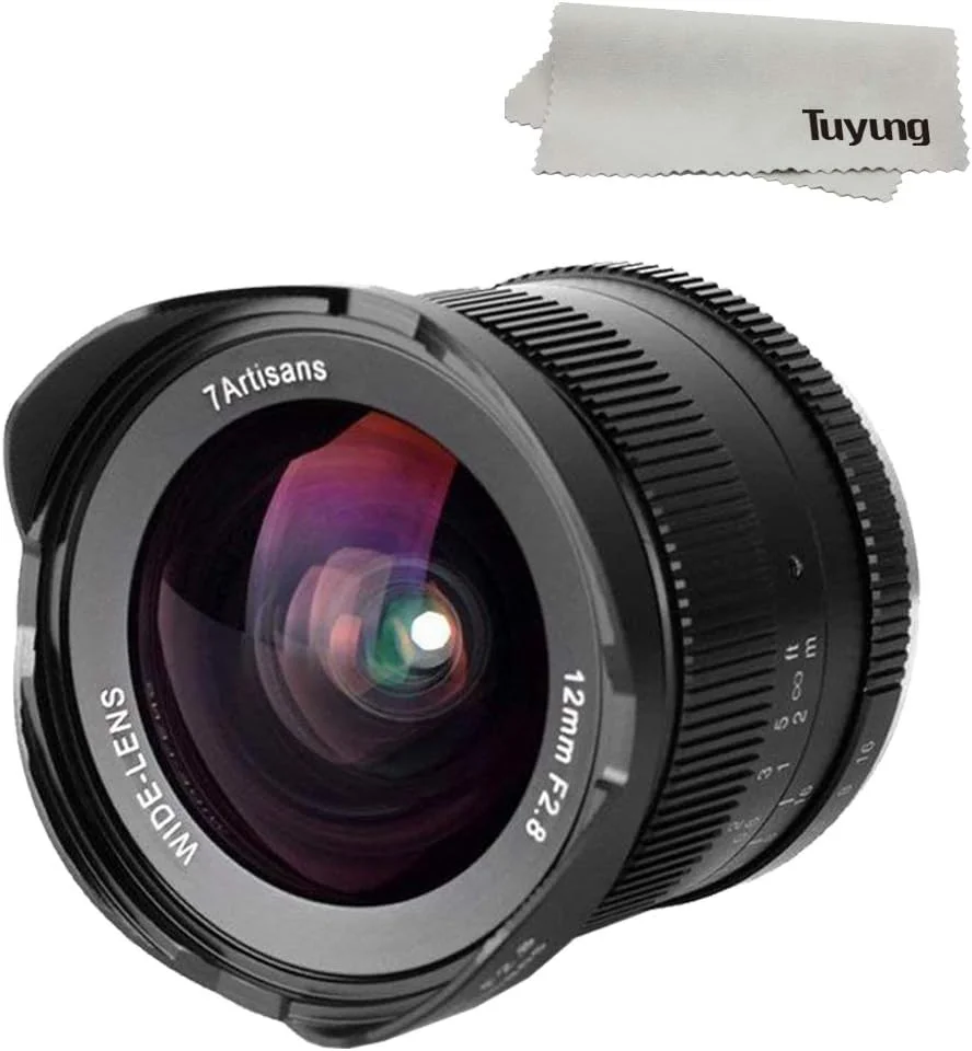 لنز زاویه باز فوق عریض 7artisans 12mm f2.8 برای دوربین های بدون آینه سونی با مانت E و حسگر APS-C مدل های A6500 A6300 A6000 A7 با فوکوس دستی
