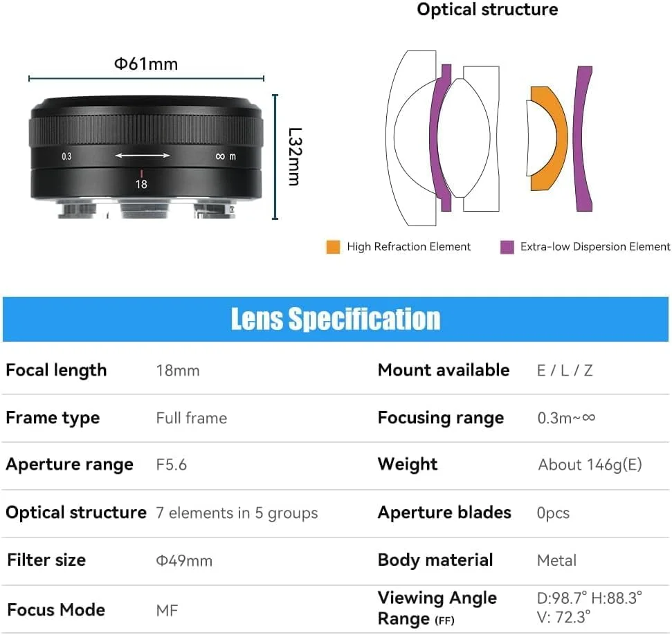 لنز دوربین 7artisans 18mm F5.6 فول فریم با زاویه دید فوق عریض و فوکوس ثابت سازگار با دوربین های بدون آینه Z Mount (مشکی)