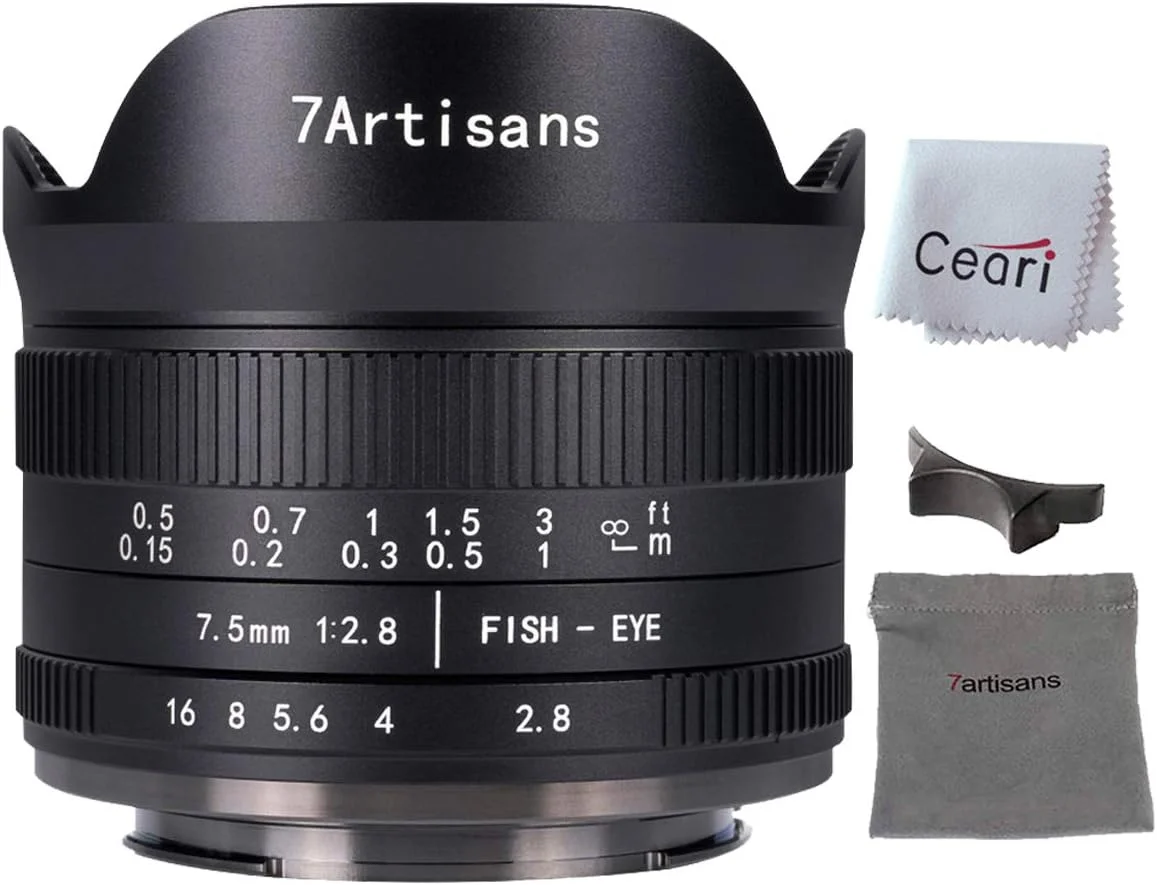 لنز فیش آی 7.5mm F2.8 II هفت آرتیسان APS-C با زاویه دید فوق عریض 190 درجه، لنز ثابت دستی، سازگار با دوربین های Fujifilm X-Mount مدل های X-A1, X-A2, X-at, X-M1, XM2, X-T1, X-T2, X-T10, X-Pro1, X-E1, X-E2 - مشکی