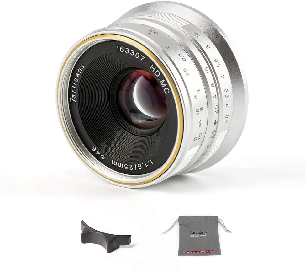 لنز فوکوس دستی 7artisans 25mm F1.8 APS-C برای دوربین های Sony Emount مانند A7 A7II A7R A7RII A7S A7SII A6500 A6300 A6000 A5100 A5000 EX-3 NEX-3N NEX-3R NEX-F3K NEX-5 NEX-5N (نقره ای)