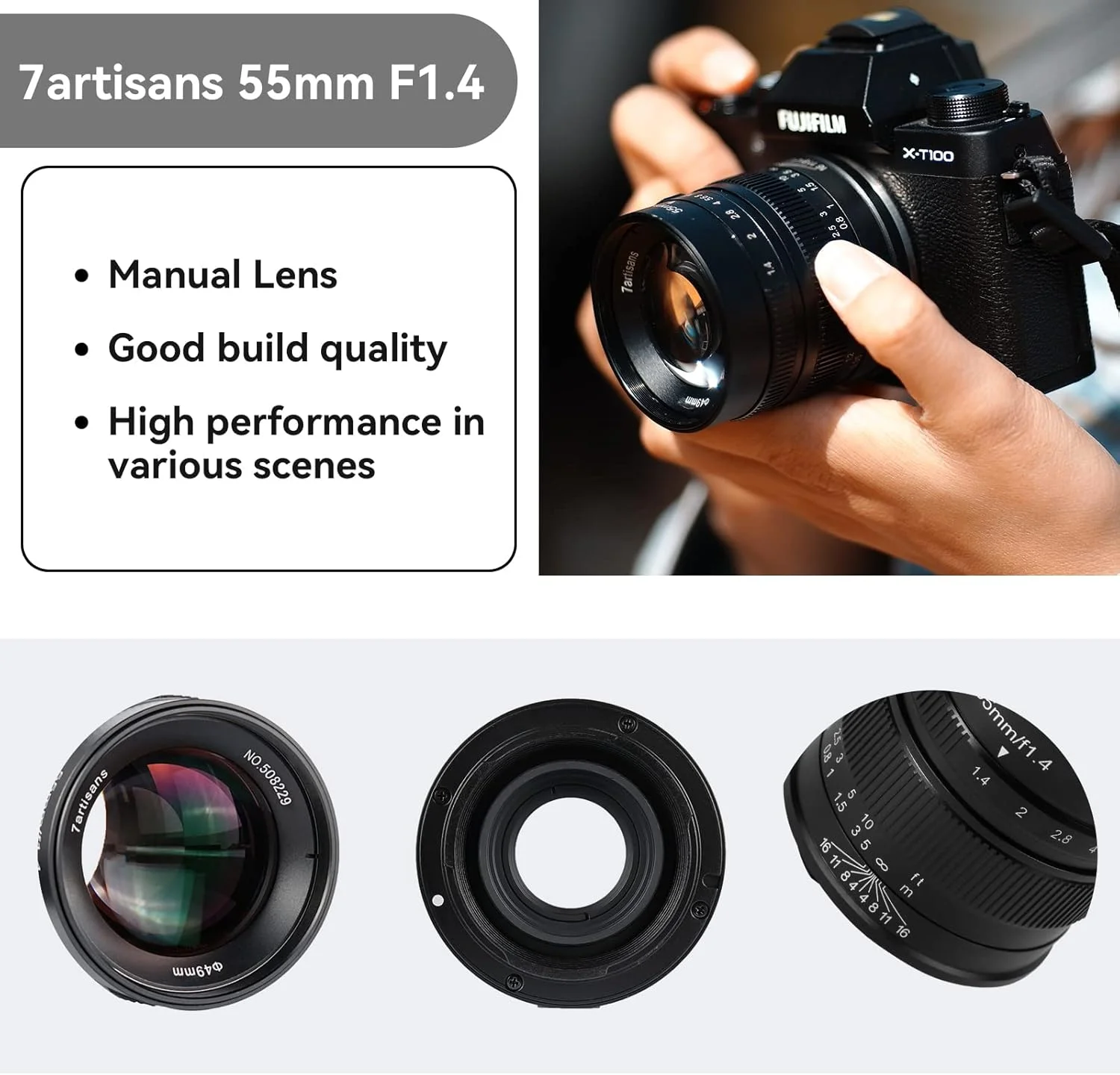 لنز دوربین بدون آینه 7artisans 55mm F1.4 APS-C با فوکوس دستی (E-Mount)