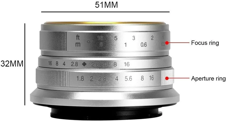 لنز فوکوس دستی 7artisans 25mm F1.8 APS-C برای دوربین های Sony Emount مانند A7 A7II A7R A7RII A7S A7SII A6500 A6300 A6000 A5100 A5000 EX-3 NEX-3N NEX-3R NEX-F3K NEX-5 NEX-5N (نقره ای)