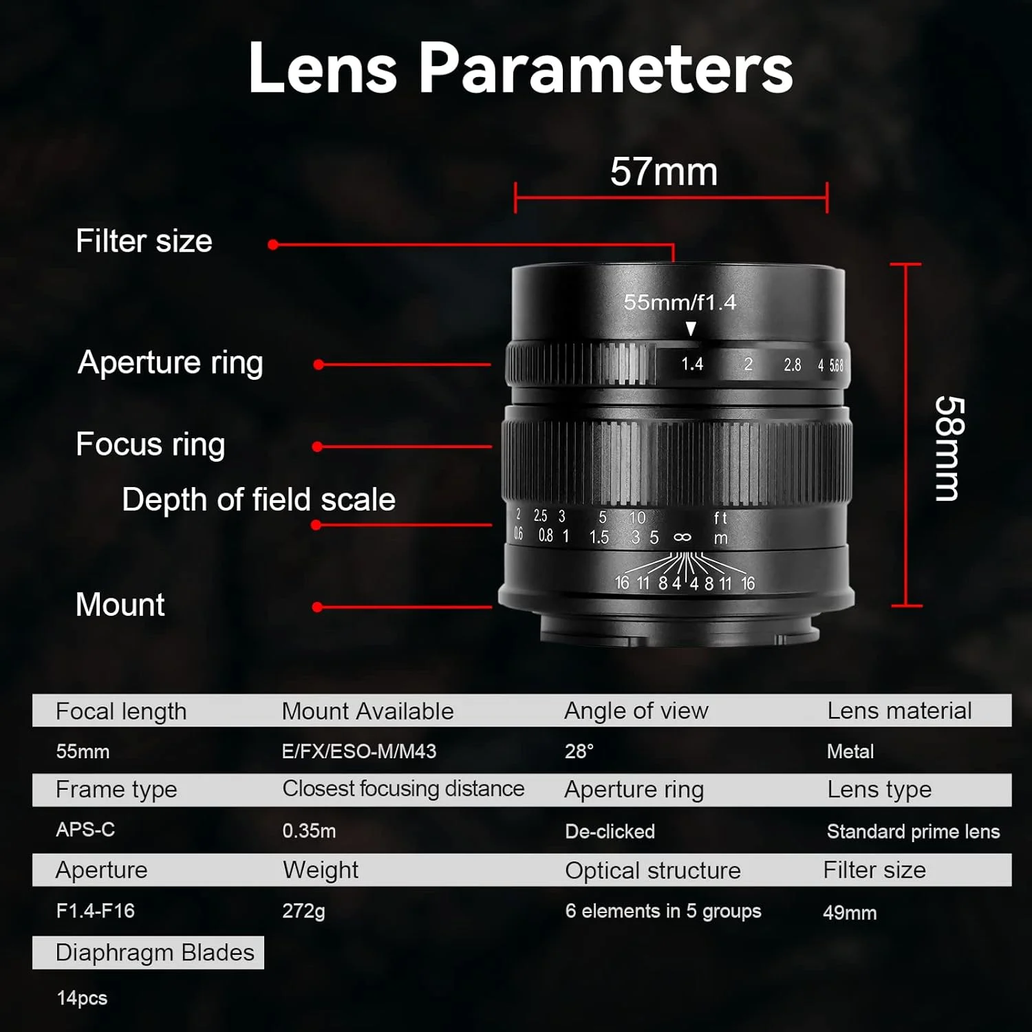 لنز دوربین بدون آینه 7artisans 55mm F1.4 APS-C با فوکوس دستی (E-Mount)