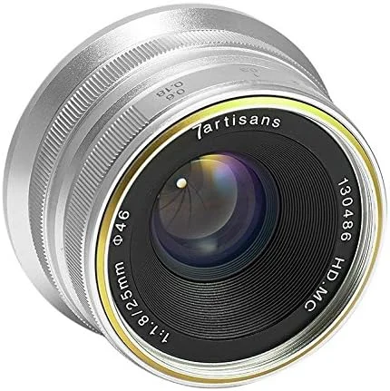 لنز فوکوس دستی 7artisans 25mm F1.8 APS-C برای دوربین های Sony Emount مانند A7 A7II A7R A7RII A7S A7SII A6500 A6300 A6000 A5100 A5000 EX-3 NEX-3N NEX-3R NEX-F3K NEX-5 NEX-5N (نقره ای)