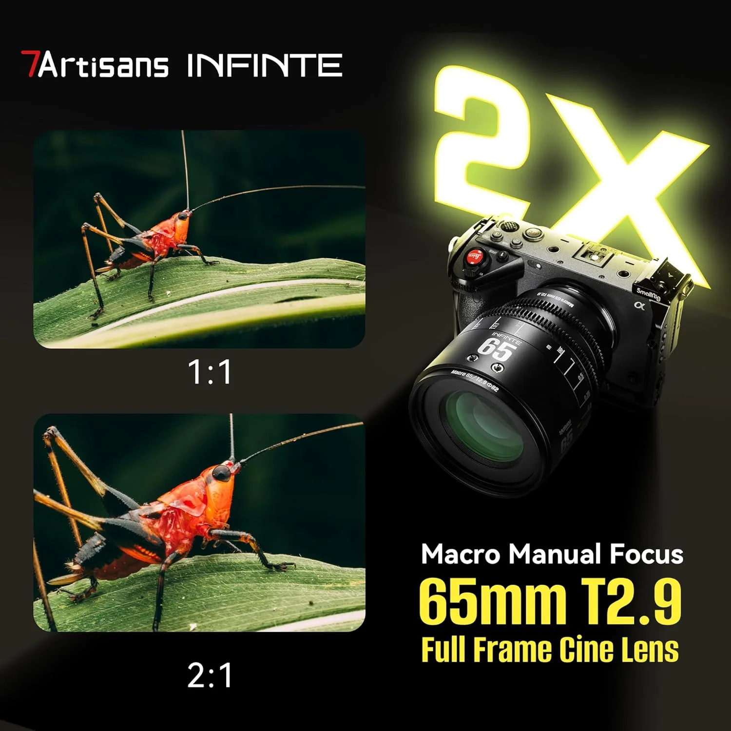 لنز سینمایی پرایم فول فریم 7artisans 65mm T2.9 Macro 2X Infinte Series با دیافراگم باز، سازگار با دوربین های بدون آینه Canon EOS-R Mount R1,R3,R5,R52,R6,R62,R8,R,RP,R7,R10,R50