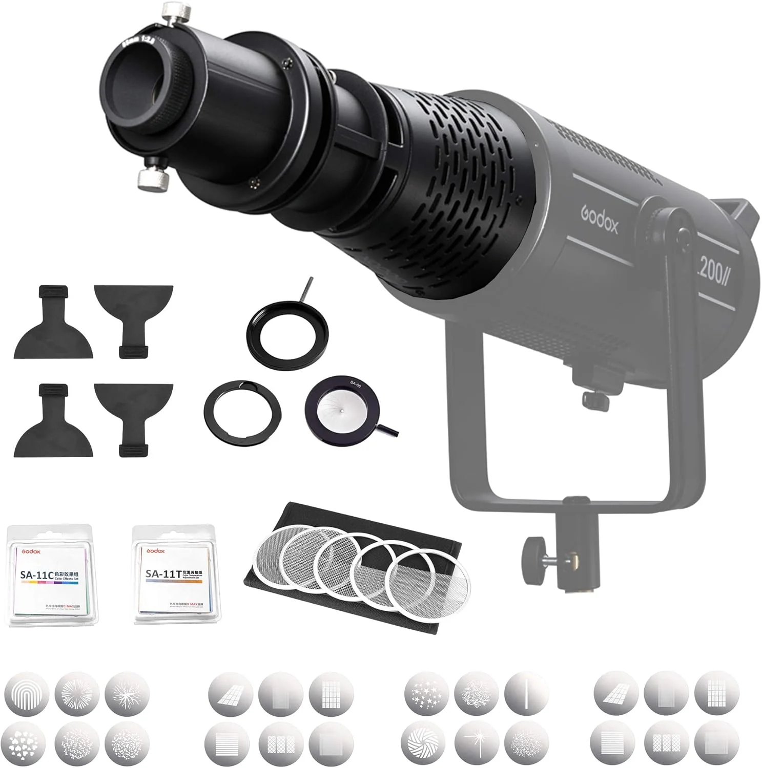 کیت گودکس SA-17 برای مانت بوئنز SL150II VL150 VL200 VL300 SL200II نور مداوم LED به همراه اتچمنت پروژکتور گودکس SA-P + آیریس SA-06 + گوبو SA-09 + فیلتر رنگی SA-11