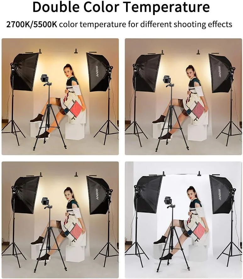 کیت نورپردازی سافت باکس LED استودیویی Andoer شامل سافت باکس های 50 در 70 سانتی متری، نورهای LED دو رنگ 45 واتی با دمای 2700K/5500K با قابلیت تنظیم نور، پایه های نور 2 متری و کیف حمل، 3 بسته