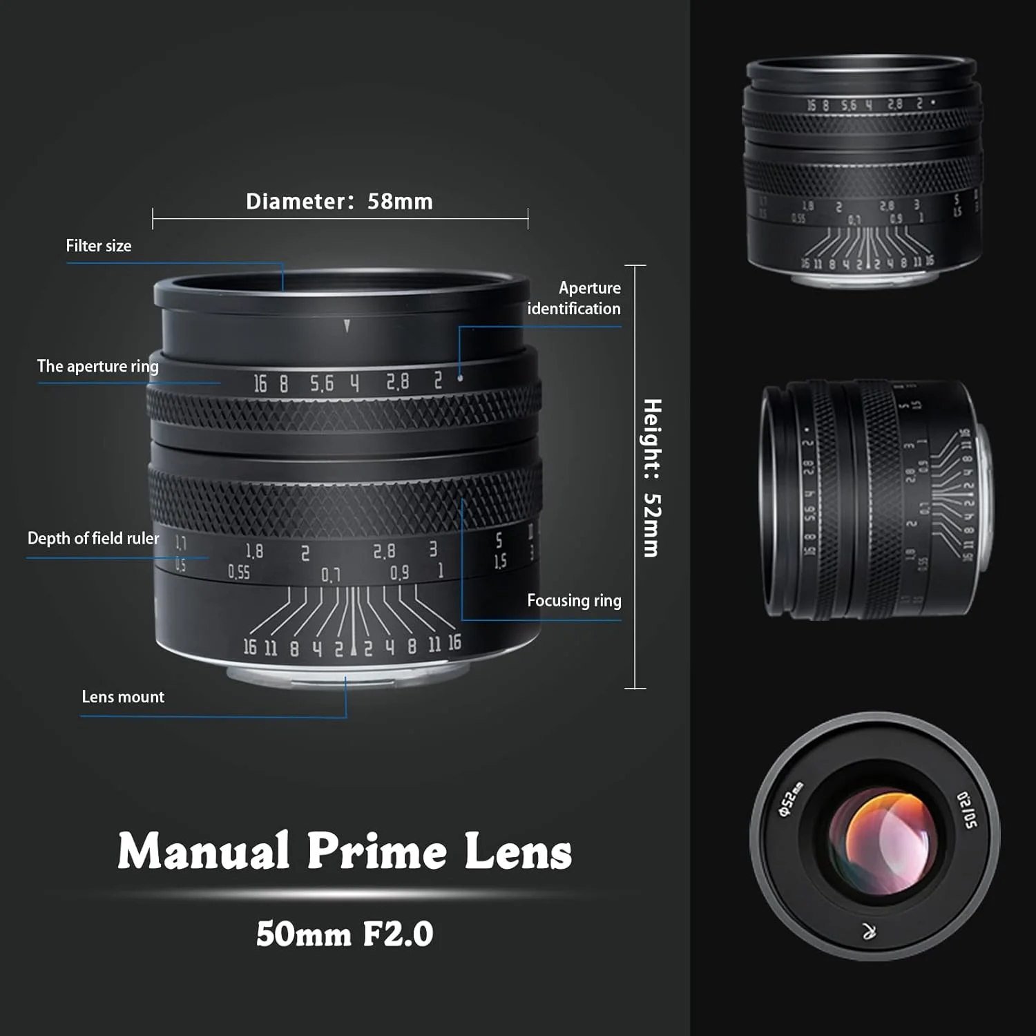 لنز پرایم 50mm F2.0 فول فریم AstrHori با دیافراگم باز، فوکوس دستی و افکت Blur و اسلات فیلتر، سازگار با دوربین های بدون آینه Canon EF M Mount مدل های M,M2,M3,M5,M6,M10,M100,M50,M50II