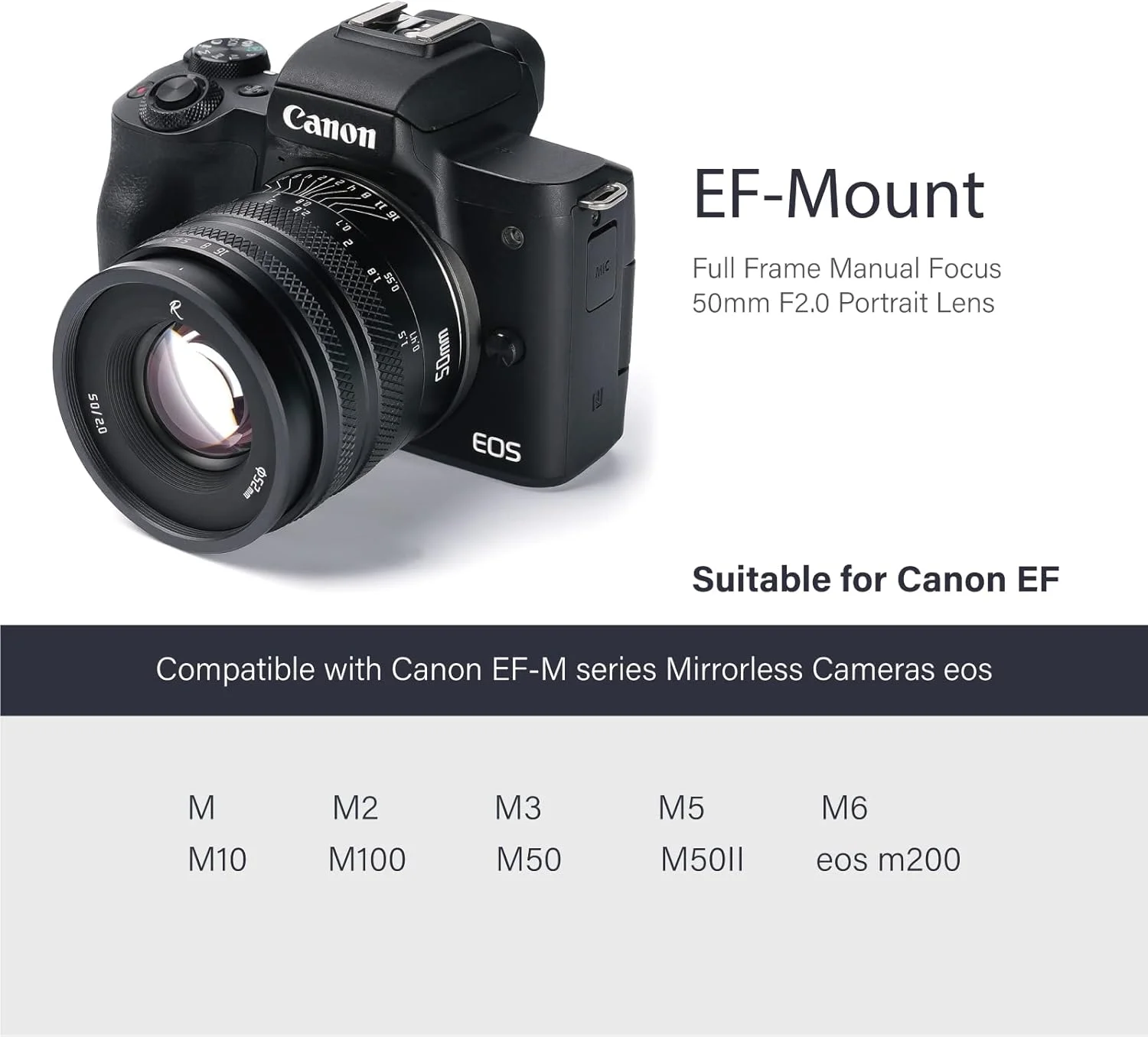 لنز پرایم 50mm F2.0 با دیافراگم بزرگ AstrHori، فول فریم، دستی، با افکت محو و اسلات فیلتر، سازگار با دوربین های بدون آینه Canon EF-M-Mount مدل های M,M2,M3,M5,M6,M10,M100,M50,M50II (مشکی)