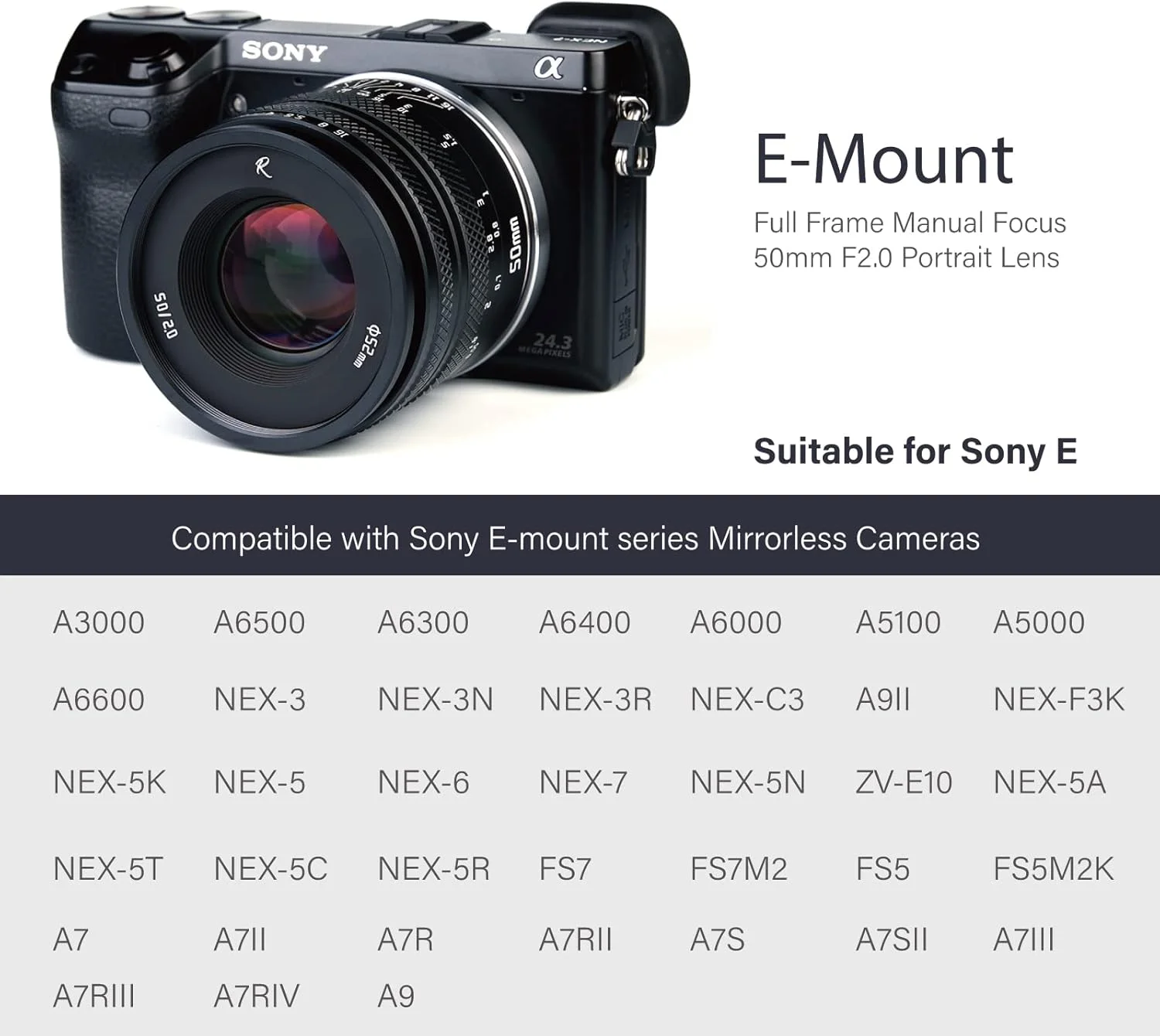 لنز پرایم 50mm F2.0 با دیافراگم بزرگ AstrHori، فول فریم، دستی، با افکت محو و اسلات فیلتر، سازگار با دوربین های بدون آینه سونی E-Mount مدل های A7, A7R, A7S, A9, A6000, A6300, A6400, A6500, A5000, A6600 (مشکی)