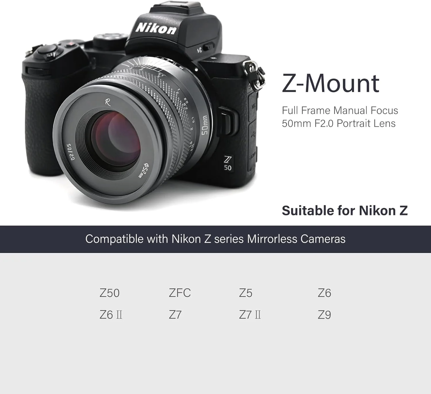 لنز پرایم 50mm F2.0 با دیافراگم بزرگ و دهانه Nikon Z-Mount مدل AstrHori (خاکستری)
