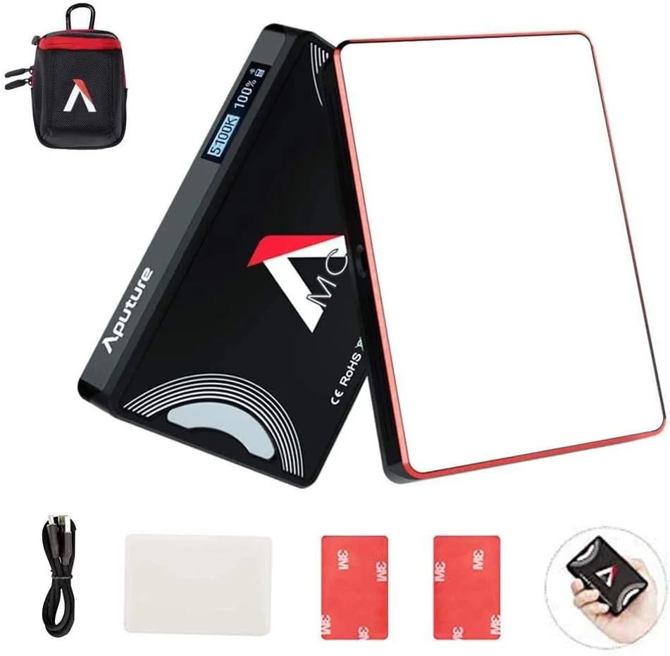 نور ویدئویی کوچک RGBWW مدل Homkeen Aputure Amaran MC، قابل نصب روی دوربین، با کنترل رنگ HSI/CCT/FX، دمای رنگ 3200K-6500K، CRI/TLCI 96+، دارای آهنربا، پشتیبانی از شارژ USB Type-C/Qi و کنترل از طریق اپلیکیشن