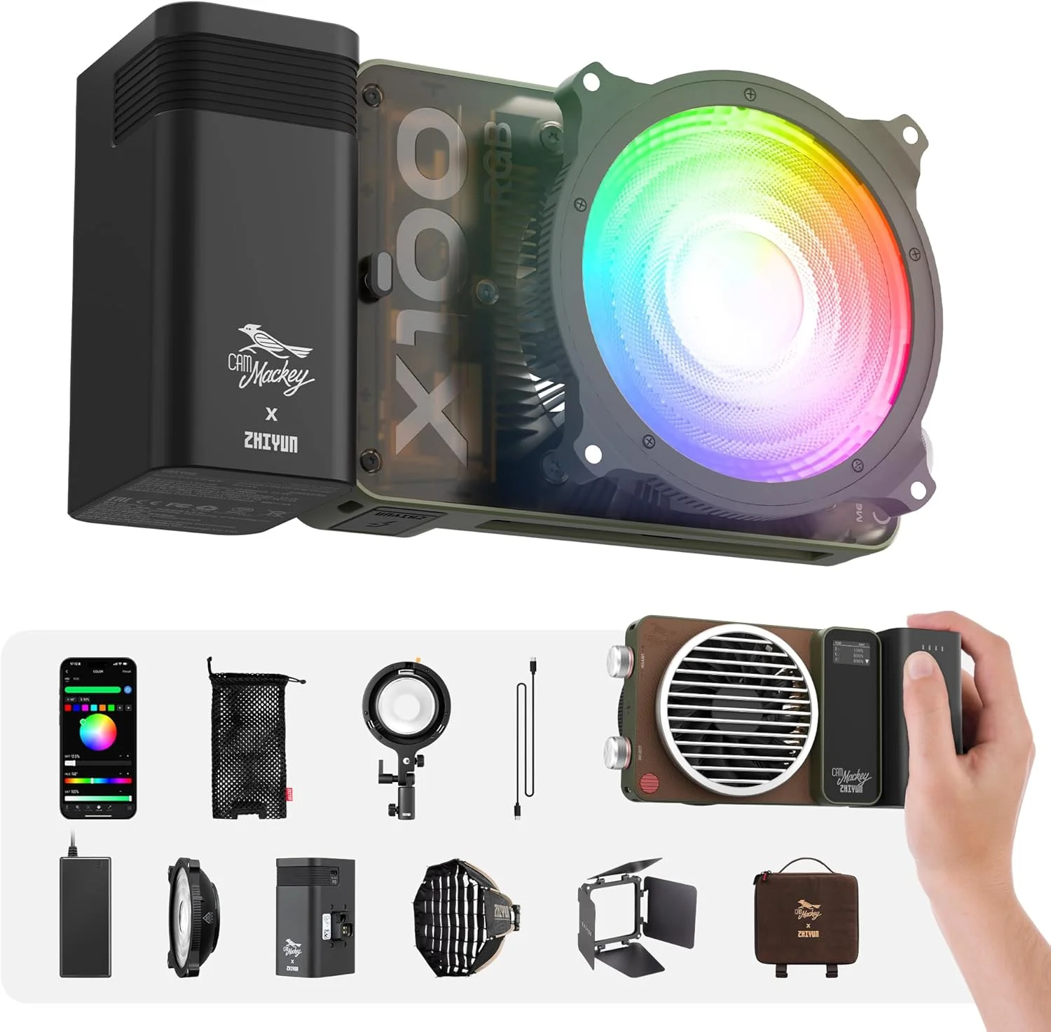 نور ویدئویی قابل حمل ZHIYUN MOLUS X100 RGB PRO [رسمی] نسخه ارتقا یافته V2 100W، نورپردازی حرفه ای عکاسی CRI≥95 TLCI≥97، فقط 384 گرم، جمع و جور به اندازه کف دست شما، خروجی مداوم نور برای تولیدکنندگان محتوا